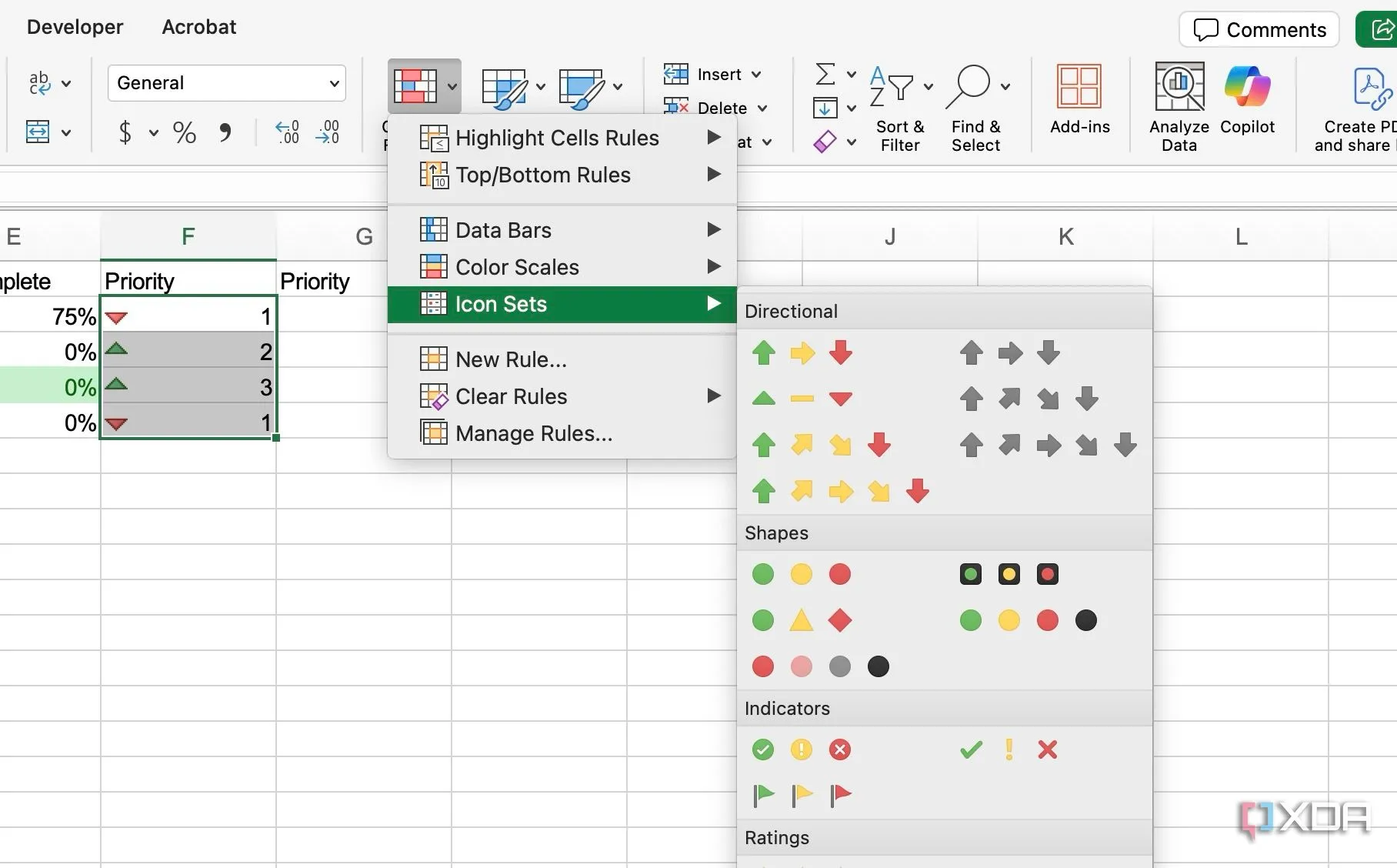 Sử dụng Icon Sets trong Conditional Formatting để hiển thị mức độ ưu tiên của công việc