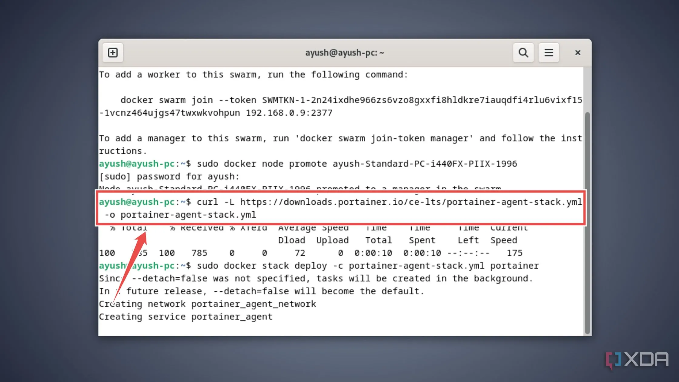 Sử dụng lệnh `curl` để tải file `portainer-agent-stack.yml` cần thiết cho cài đặt Portainer