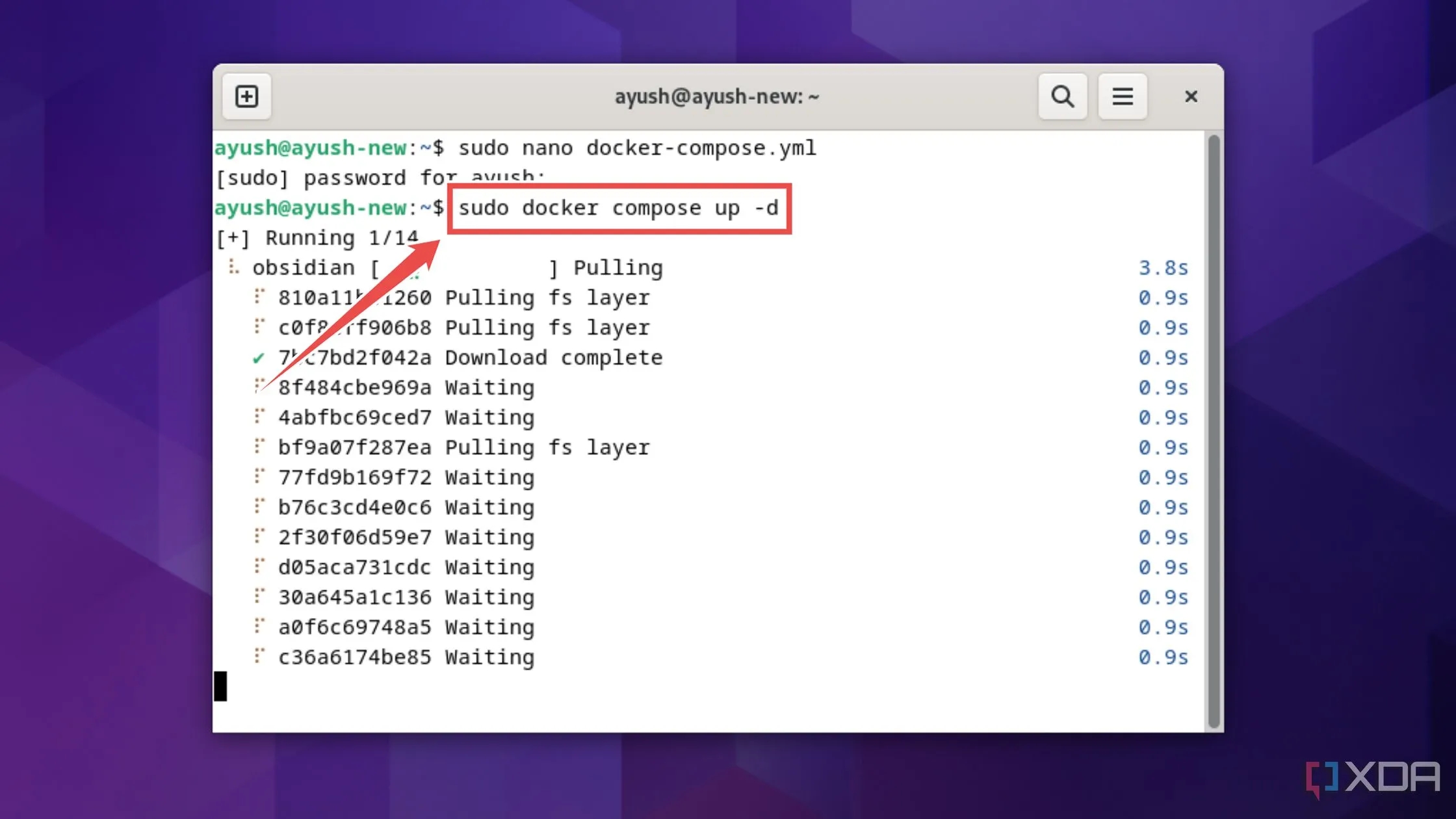 Sử dụng lệnh docker compose up -d để khởi chạy container Obsidian