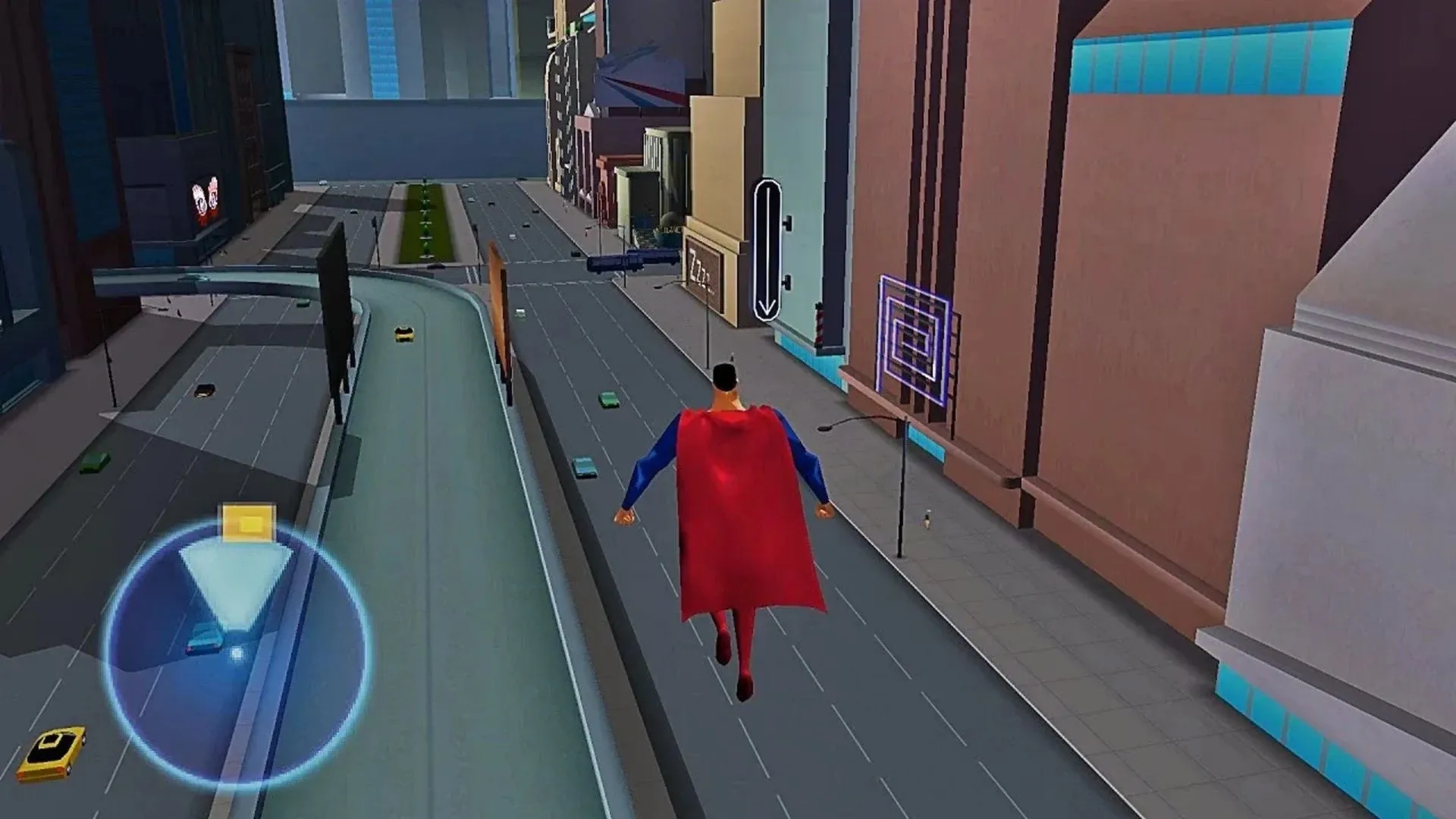 Superman bay lượn trong game Superman: Shadow of Apokolips, đồ họa cel-shaded