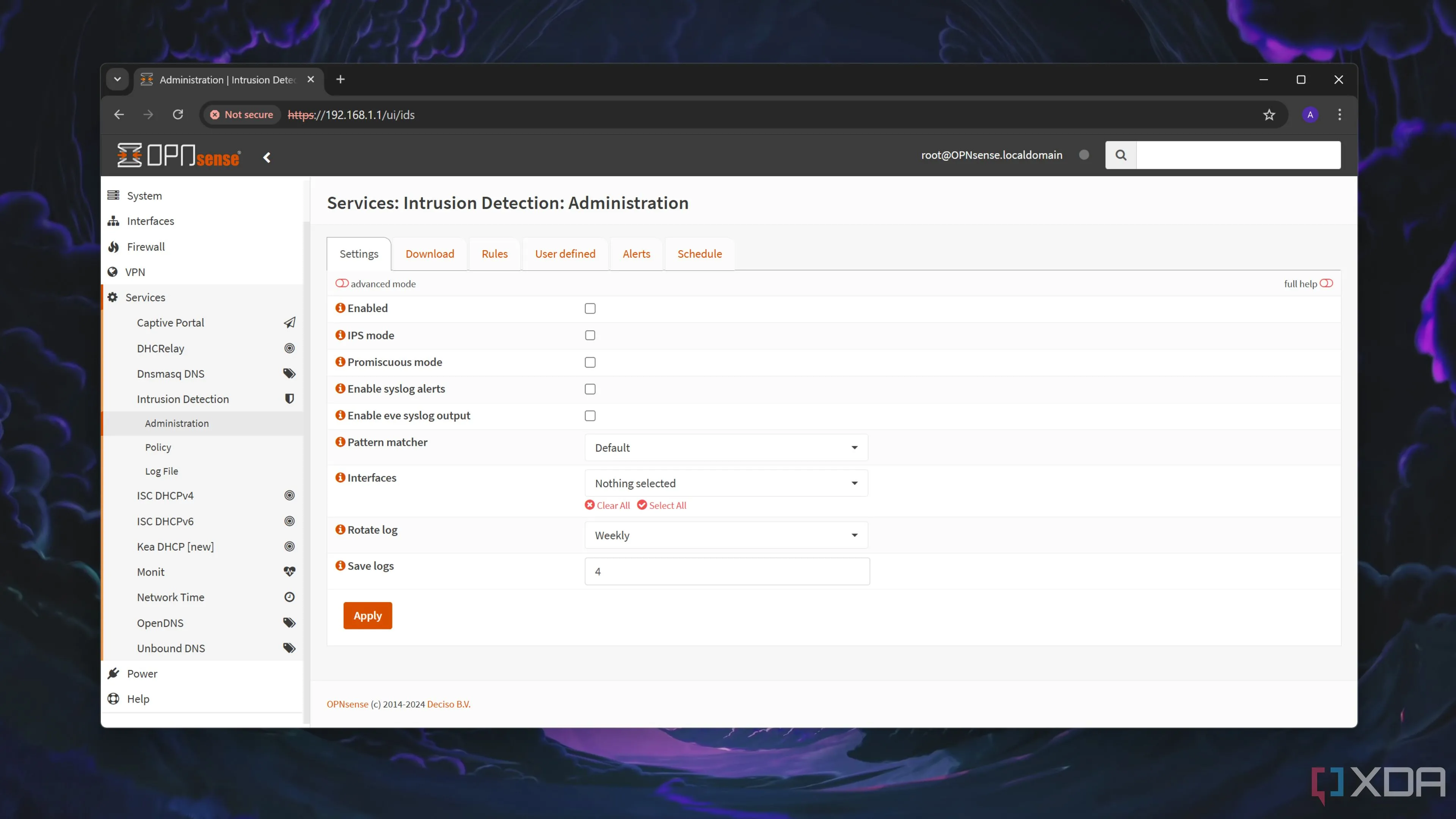 Tab &quot;Intrusion Detection&quot; trong giao diện web của OPNsense