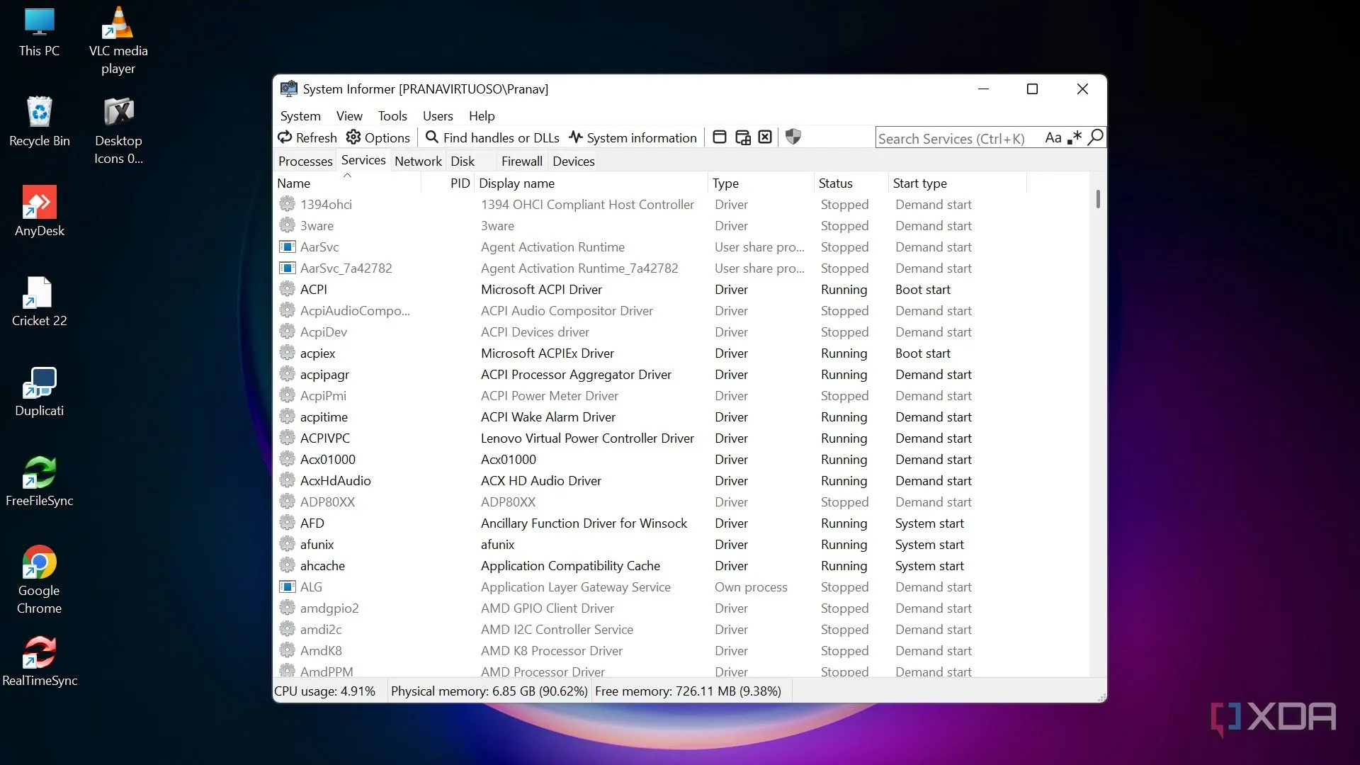 Tab Services trong System Informer cho phép quản lý các dịch vụ hệ thống của Windows một cách chi tiết