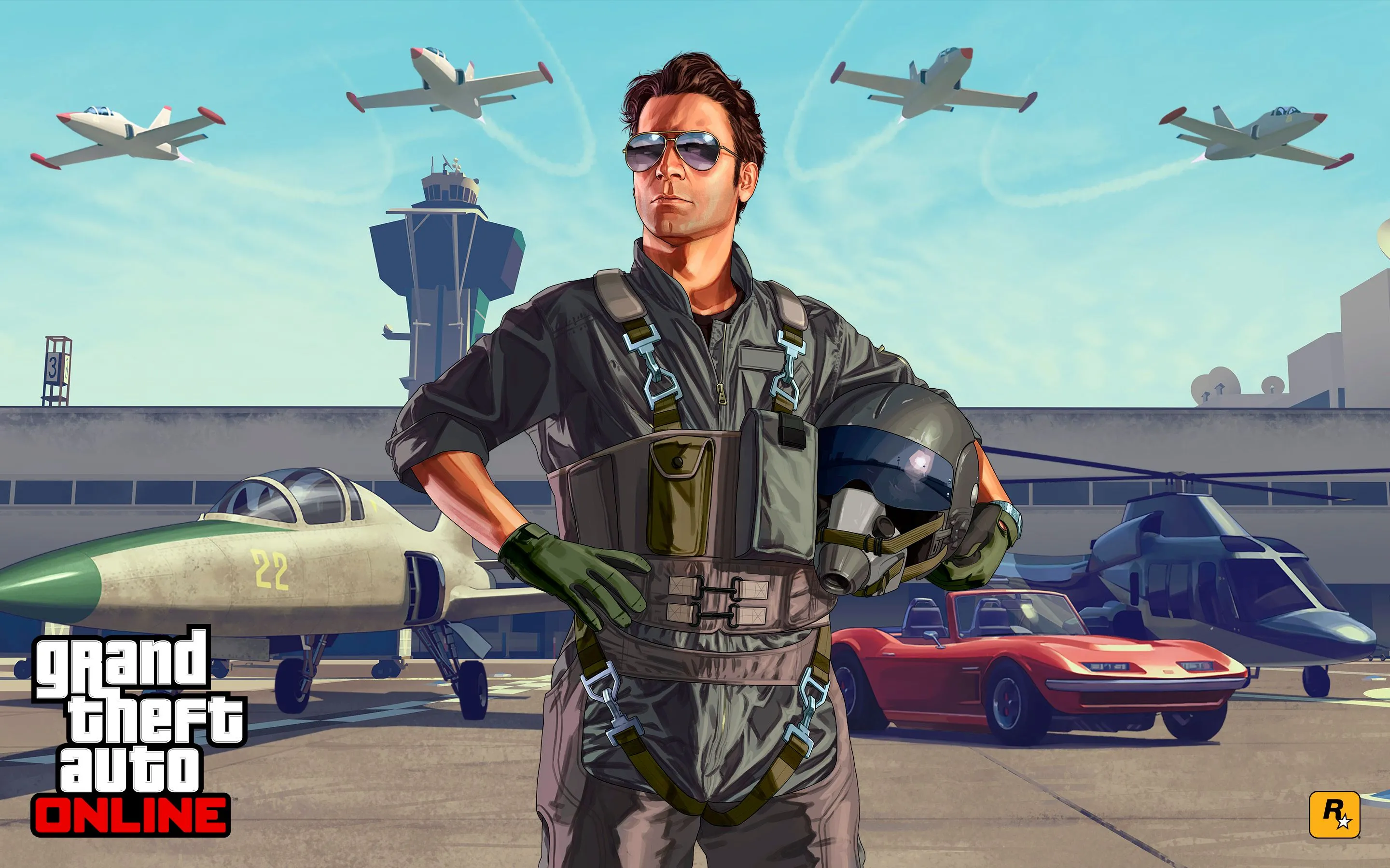 Tác phẩm nghệ thuật chính của Grand Theft Auto Online, với phi công đứng trên đường băng và máy bay bay trên đầu