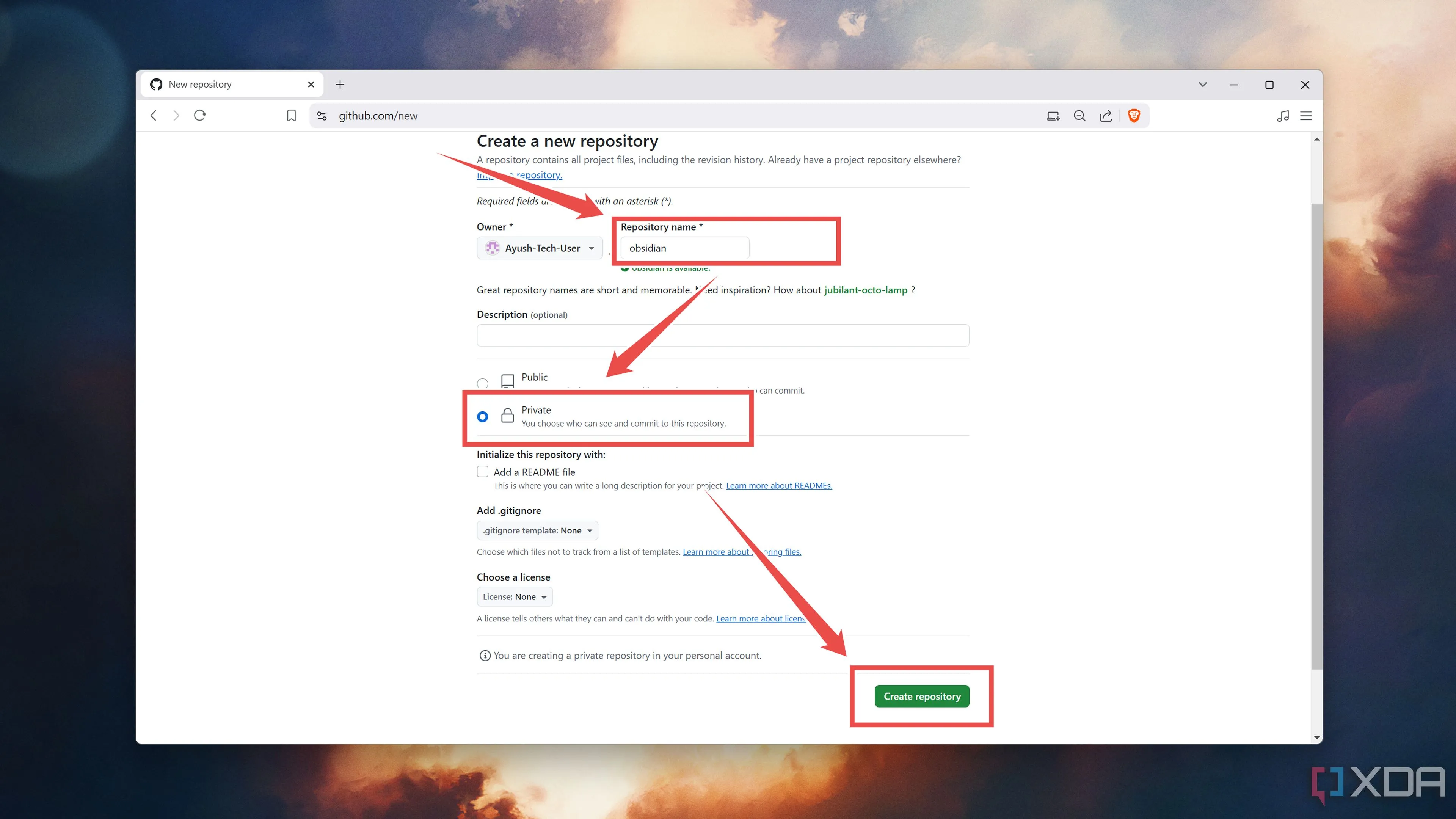 Tạo kho lưu trữ (repository) riêng tư mới trên GitHub cho ghi chú Obsidian