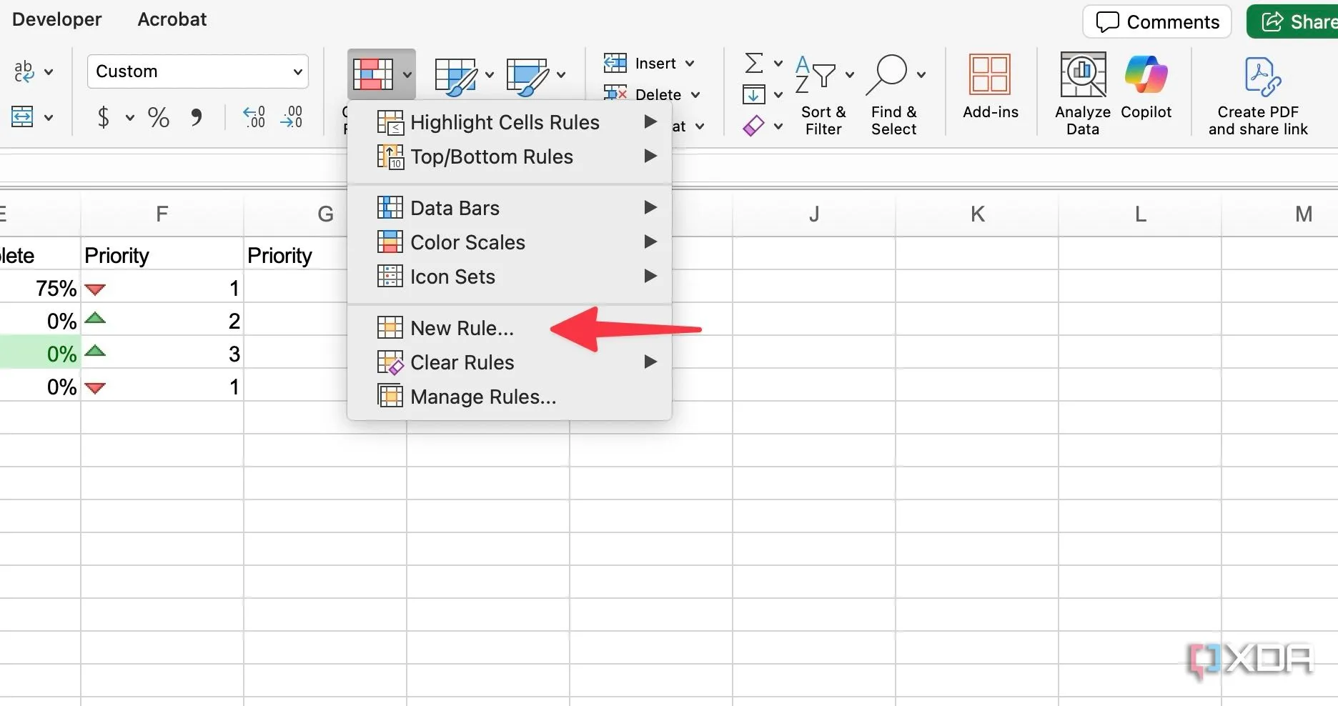 Tạo quy tắc Conditional Formatting mới để đánh dấu các mốc quan trọng đã hoàn thành
