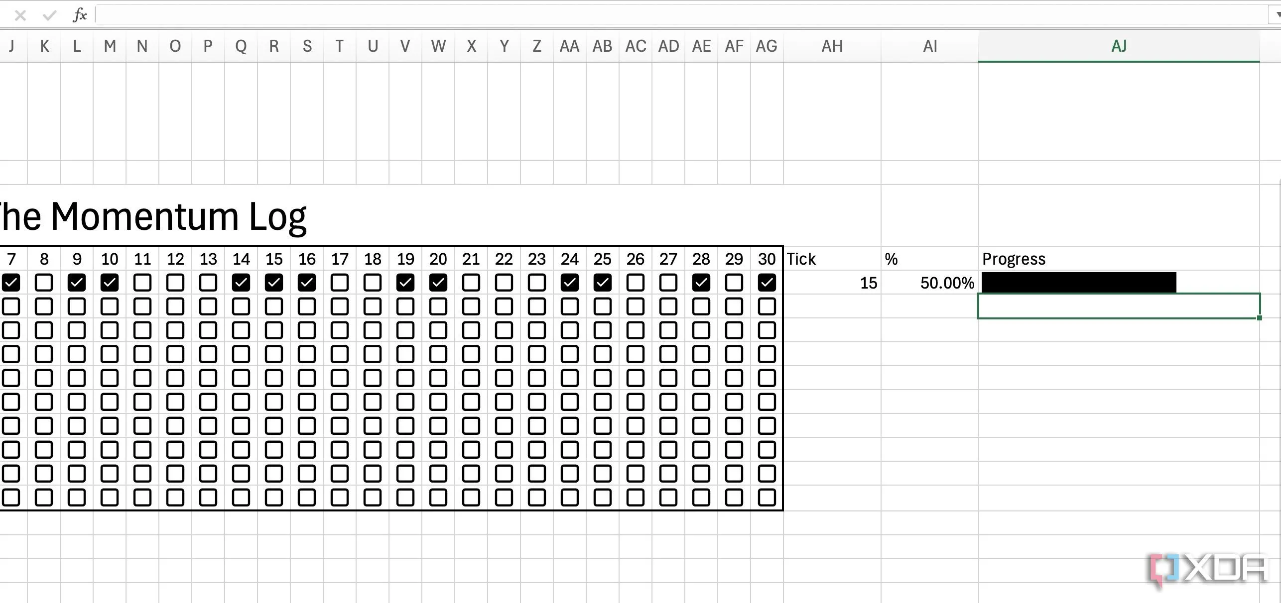 Tạo thanh tiến độ trực quan bằng công thức REPT trong Habit Tracker Excel