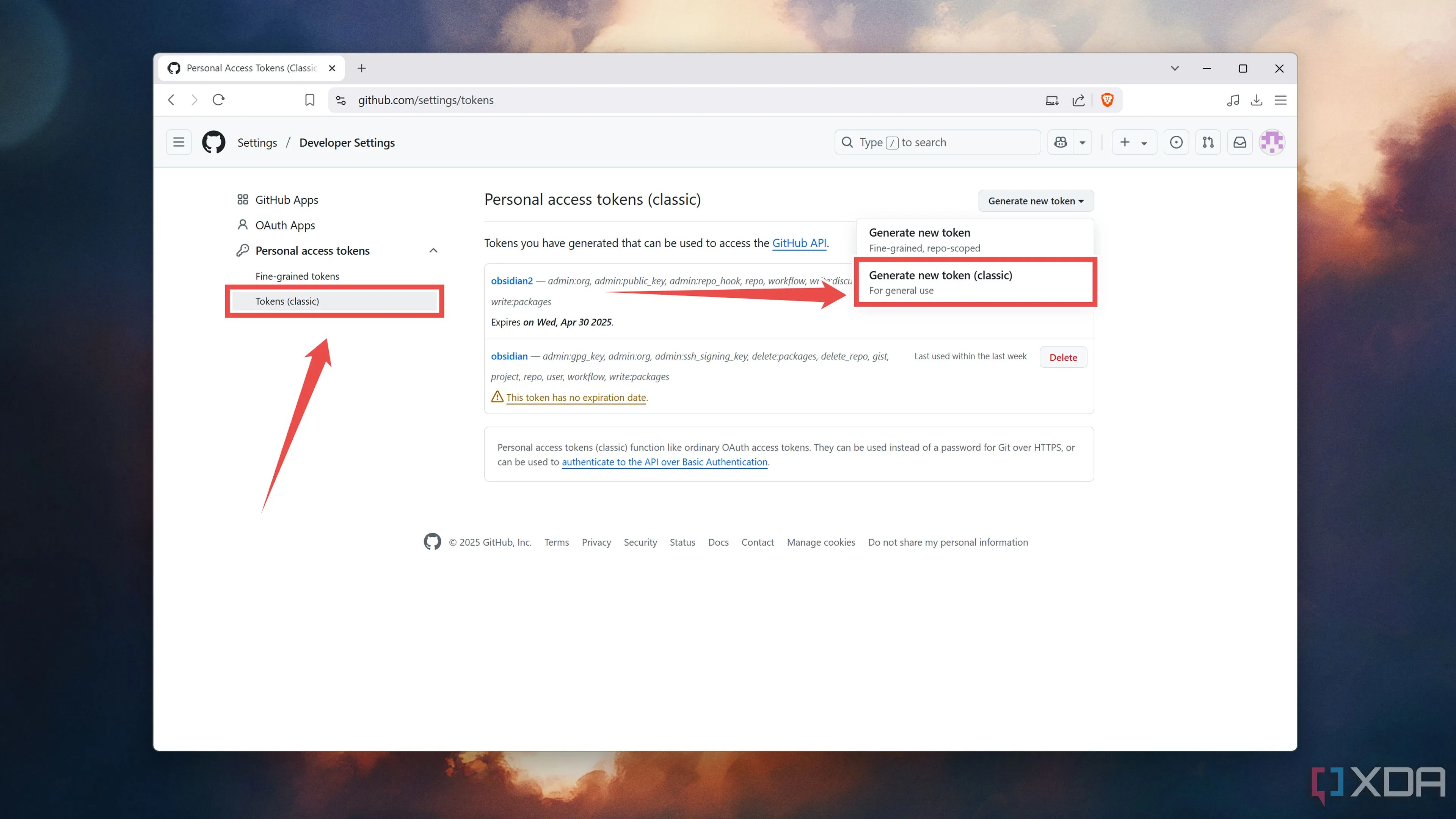 Tạo Token (classic) mới trong Developer settings của GitHub