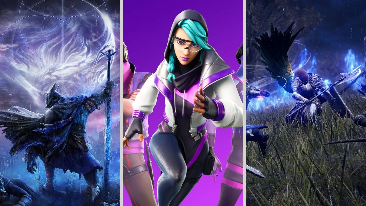 Tập hợp các hình ảnh từ Elden Ring Nightreign và Fortnite, biểu thị sự kết hợp giữa hai thế giới game khác biệt.