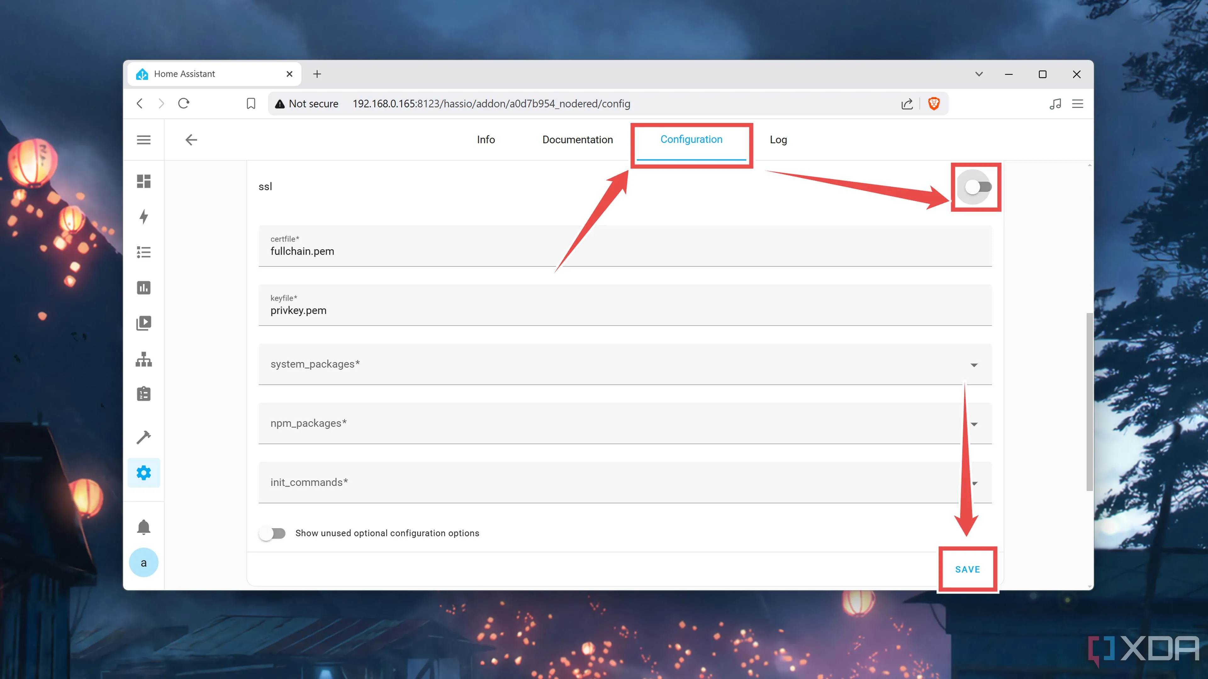 Tắt tùy chọn SSL trong cấu hình Node-RED add-on nếu không có chứng chỉ bảo mật