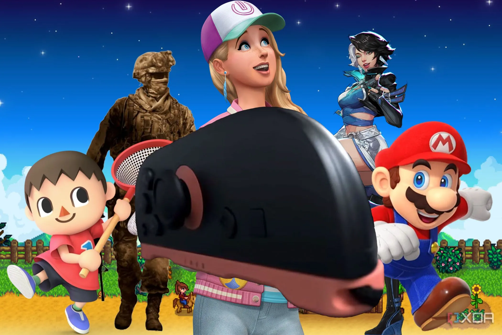 Tay cầm Joy-Con của Nintendo Switch 2 bao quanh bởi các nhân vật game đa dạng, gợi mở về những trải nghiệm chơi game mới mẻ và độc đáo trên console.