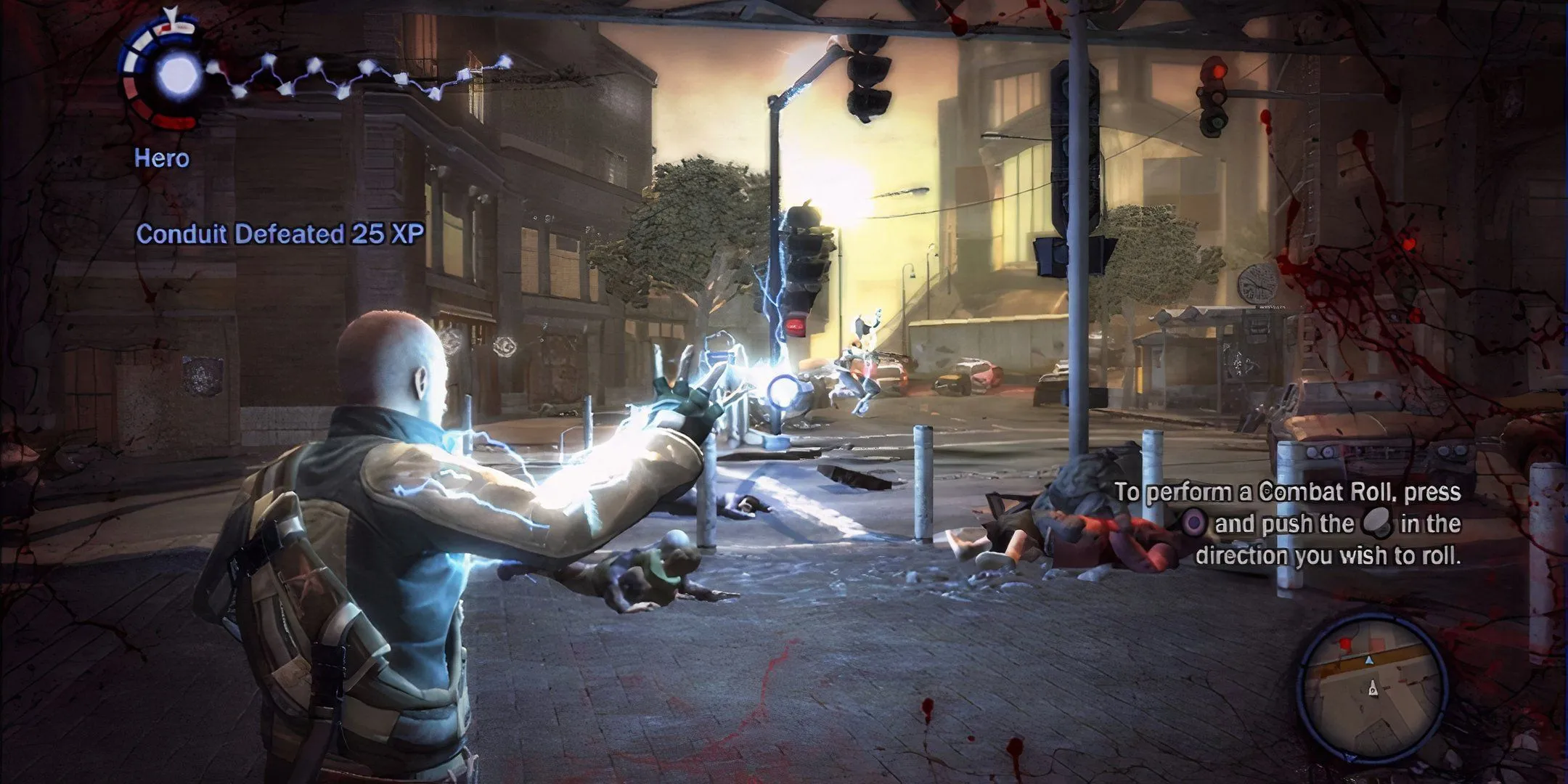 Thành phố trong game Infamous với Cole MacGrath bay lượn trên không