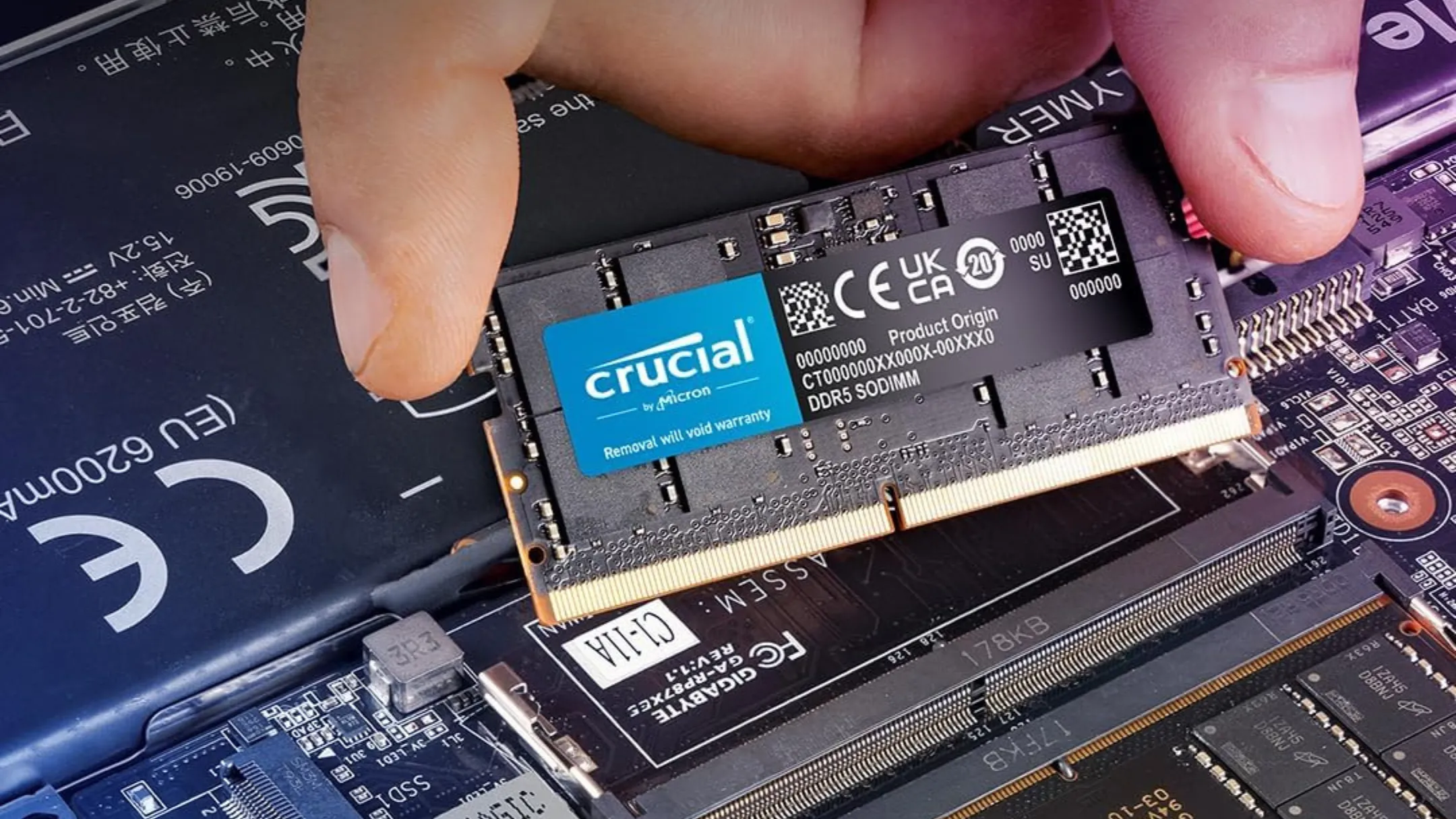 Thanh RAM DDR5 64GB Crucial đang được lắp đặt vào khe cắm trên laptop