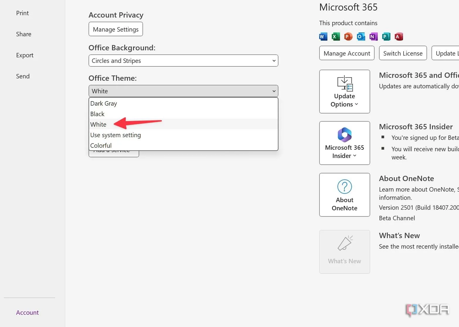 Thay đổi theme OneNote sang màu trắng trong tùy chọn tài khoản