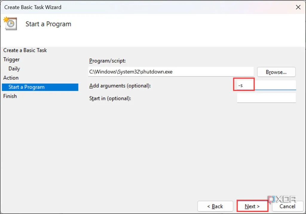 Thêm đối số -s để tắt máy cho tác vụ Task Scheduler