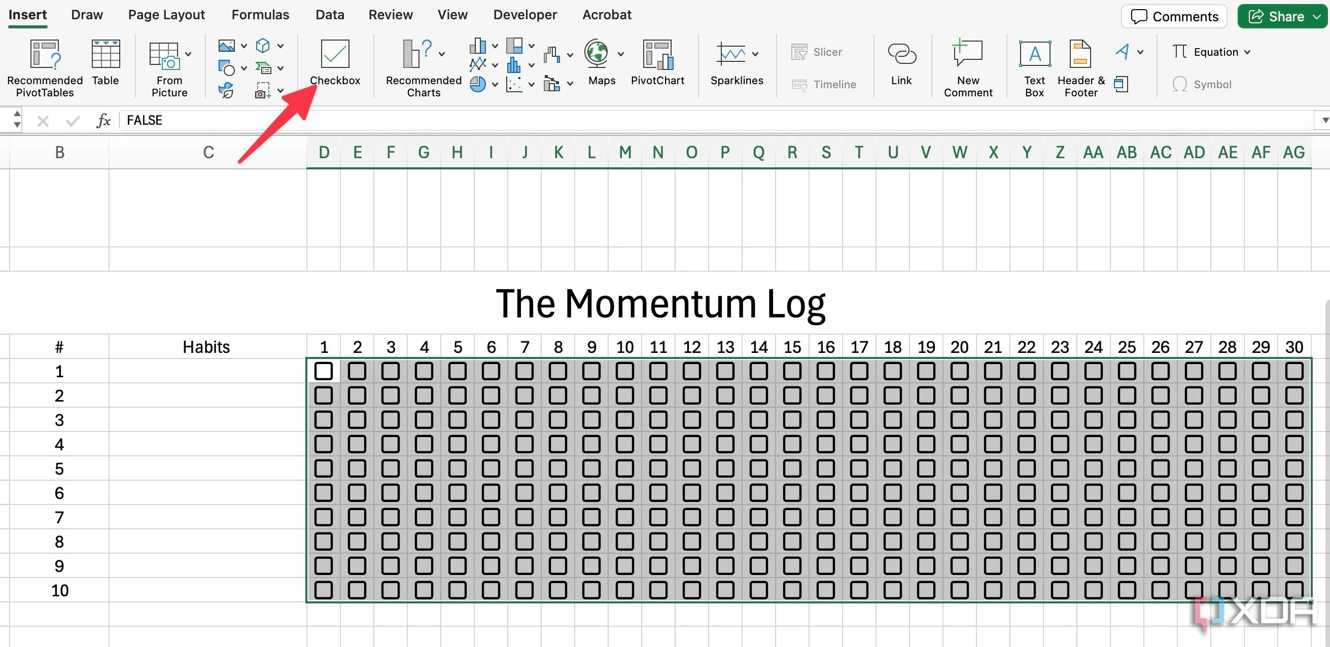 Thêm hộp kiểm tra (checkbox) vào các ô trong Habit Tracker Excel