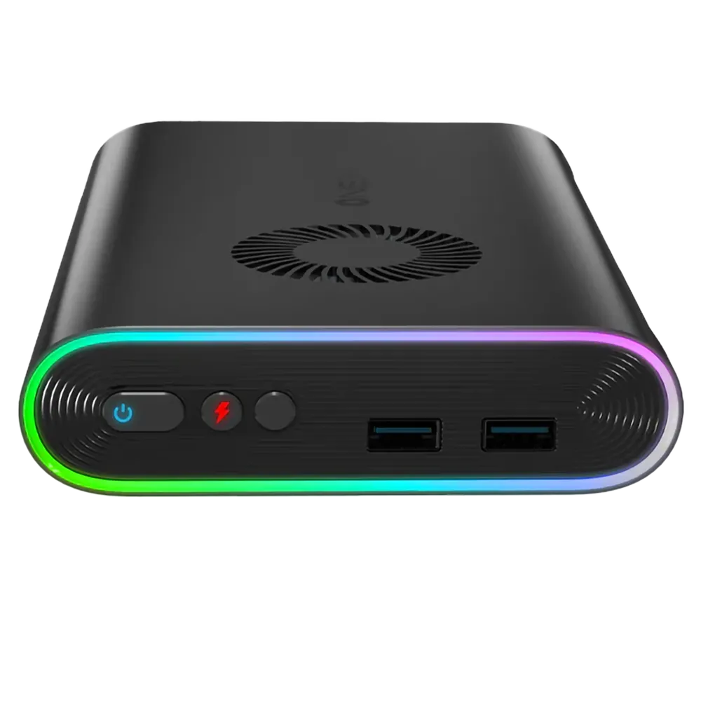Thiết bị eGPU di động OneXGPU với các cổng kết nối, nhấn mạnh khả năng hỗ trợ màn hình ngoài để cải thiện trải nghiệm