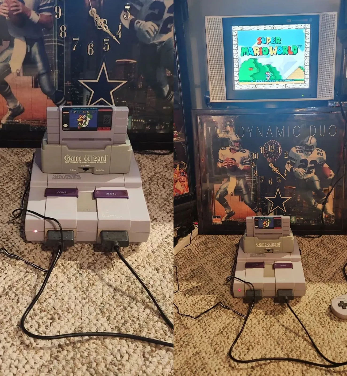 Thiết bị Game Wizard SNES được cắm vào máy Super Nintendo và kết nối với TV