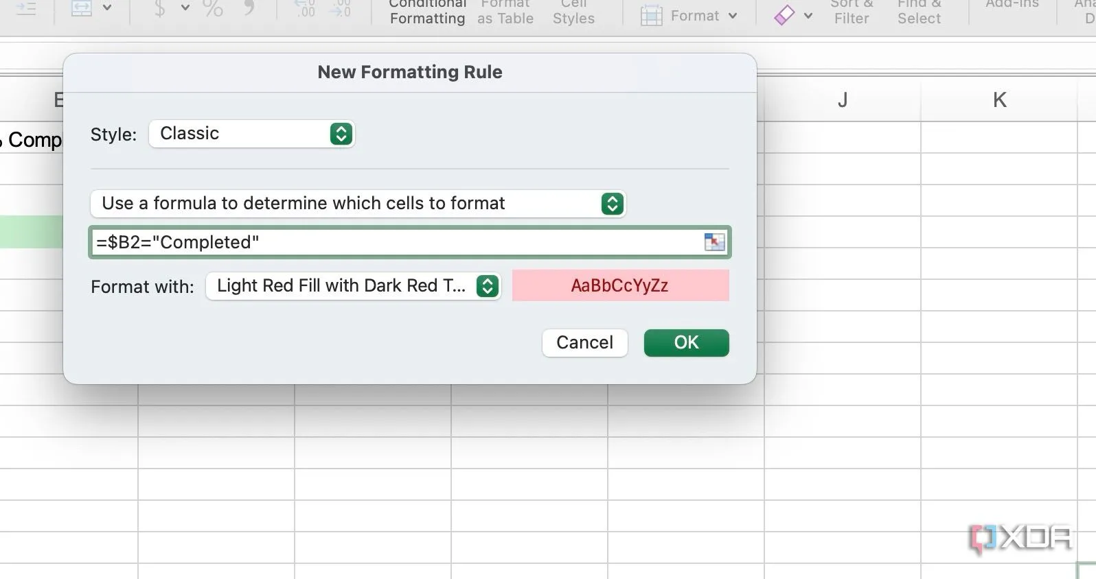 Thiết lập công thức =$B2=&quot;Completed&quot; trong Conditional Formatting để tô màu toàn bộ hàng