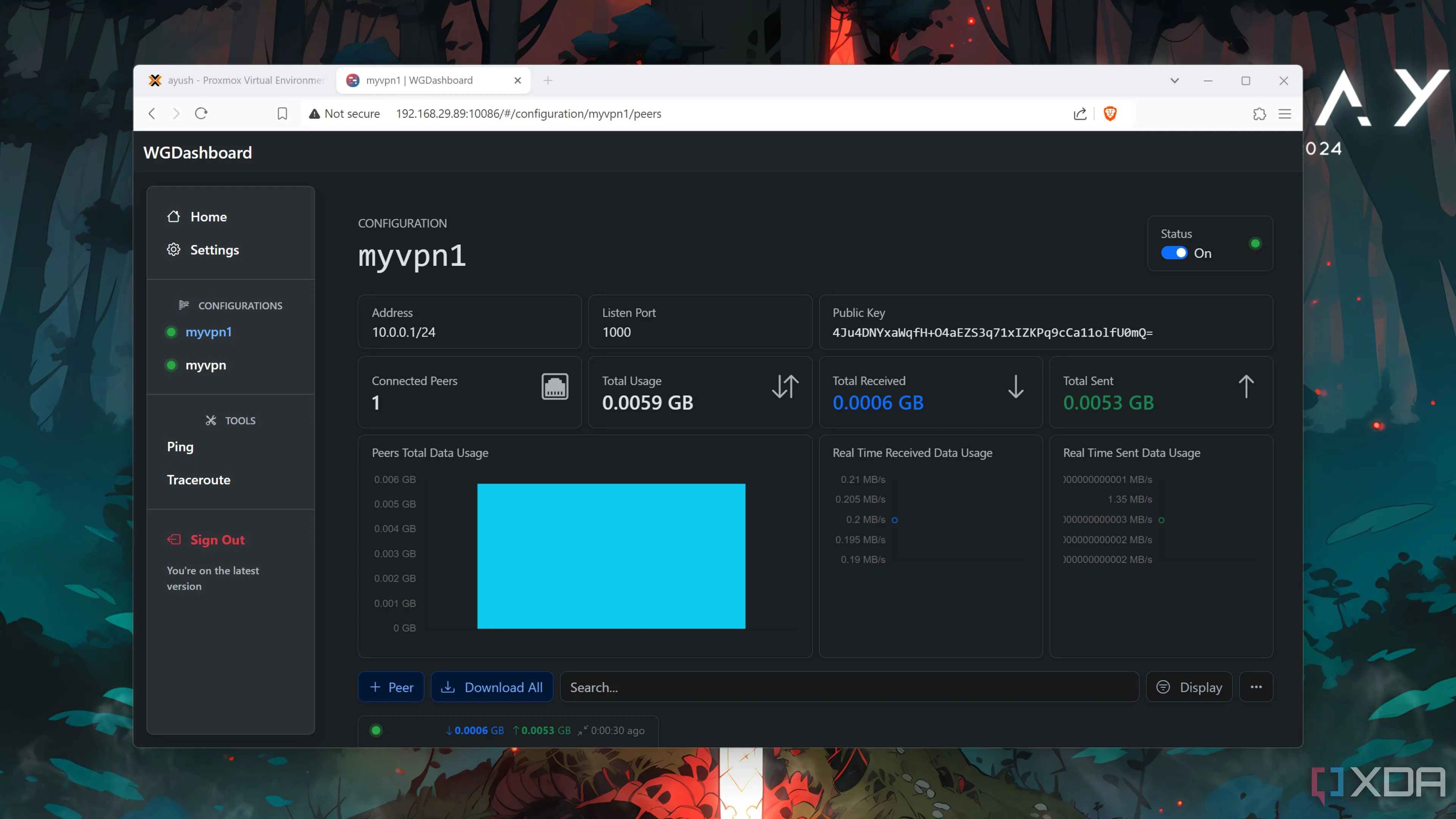 Thiết lập đường hầm VPN WireGuard đang chạy thông qua Proxmox, thể hiện khả năng triển khai linh hoạt