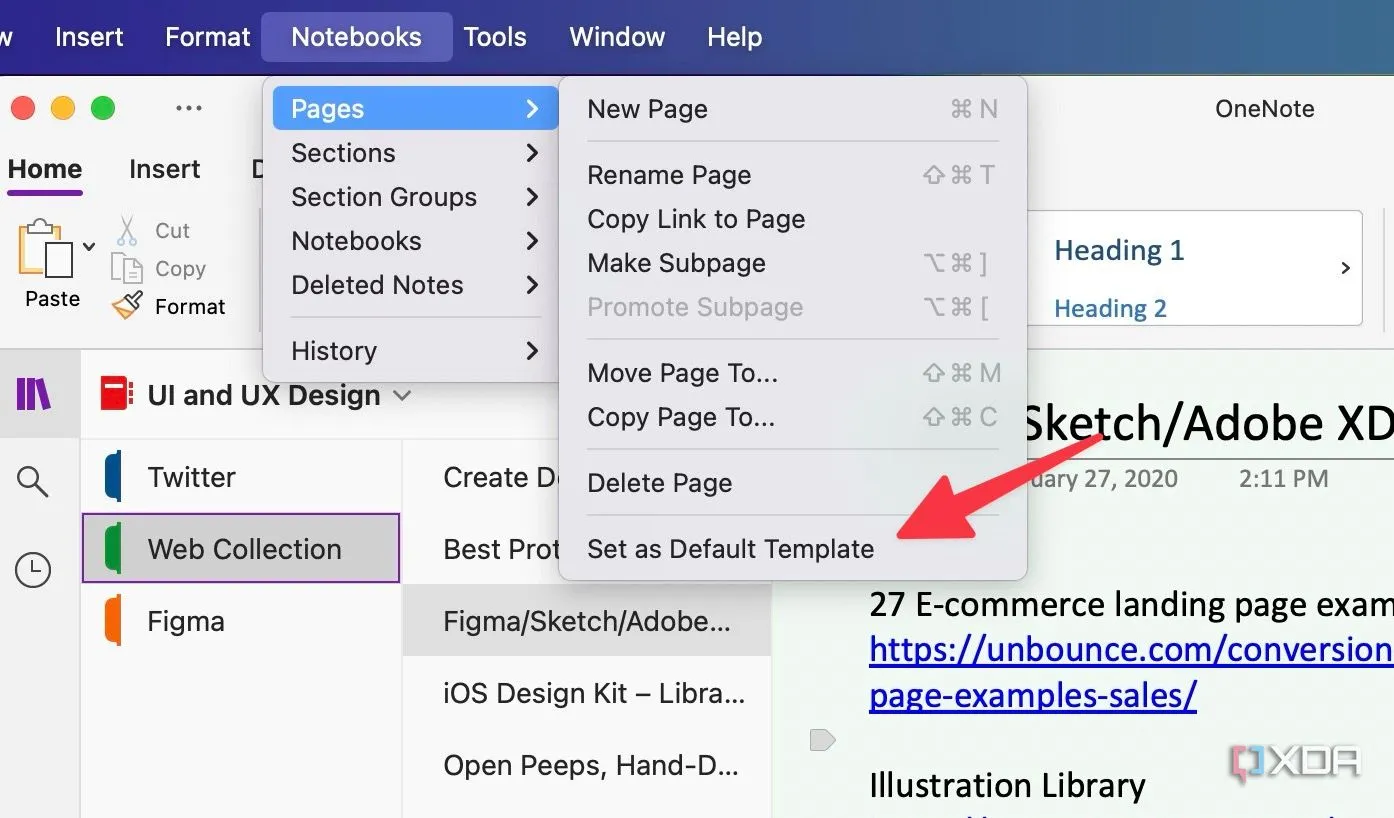 Thiết lập một trang OneNote làm mẫu mặc định cho một mục cụ thể