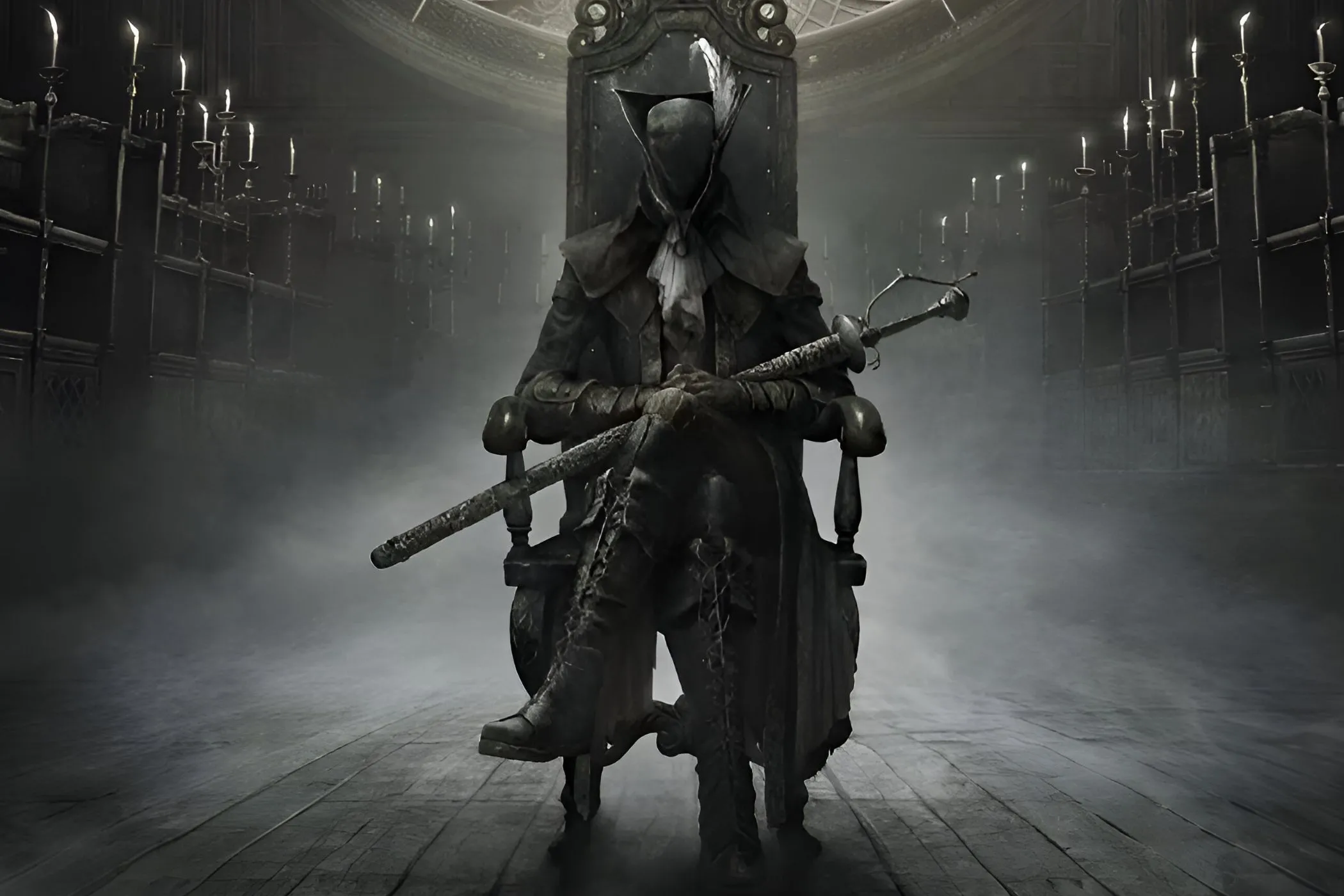 Thợ săn trong Bloodborne: The Old Hunters với vũ khí đặc trưng, sẵn sàng chiến đấu trong bối cảnh u ám
