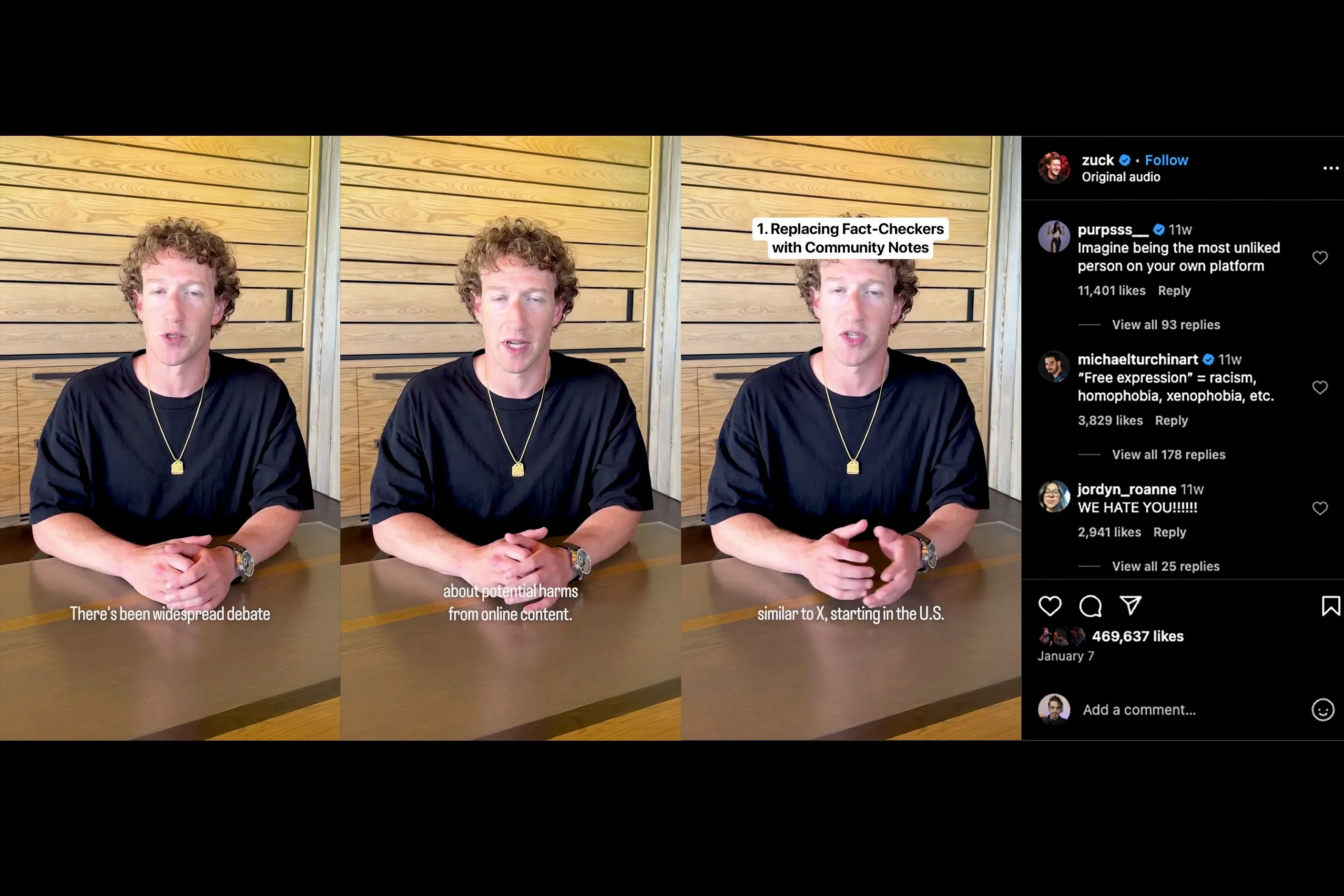 Thông báo của Mark Zuckerberg về việc kết thúc kiểm tra sự thật và các bình luận tiêu cực trên Instagram
