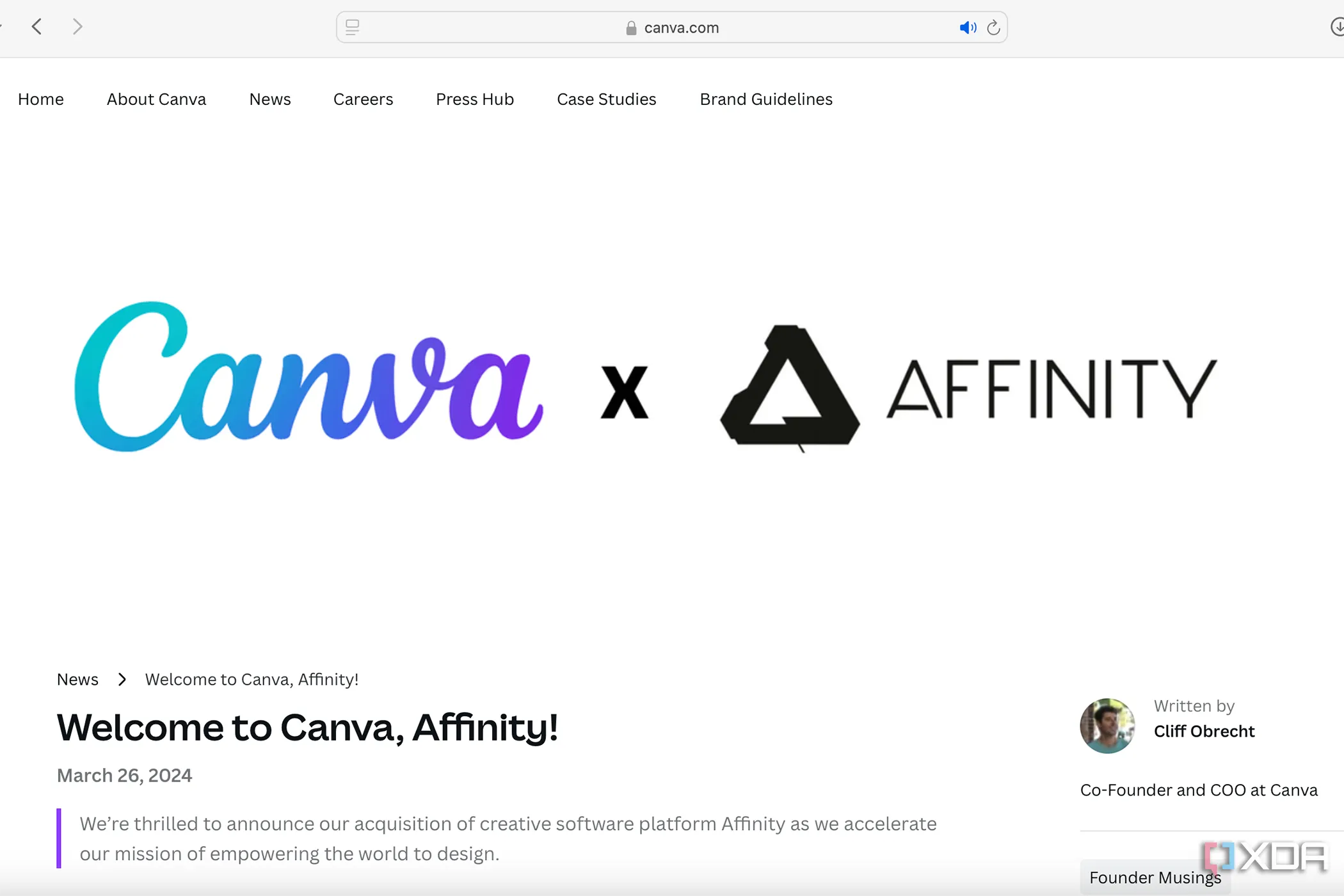 Thông báo sáp nhập giữa Canva và Serif Affinity, thể hiện chiến lược phát triển độc lập của Affinity Suite