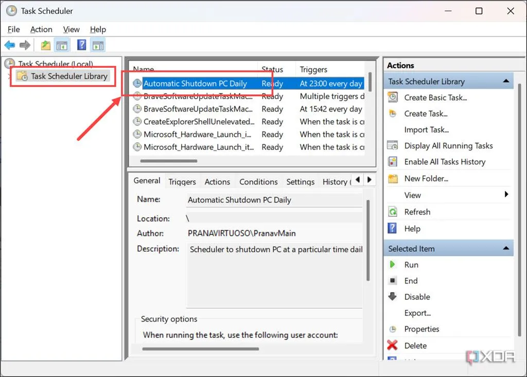 Thư viện Task Scheduler hiển thị tác vụ hẹn giờ tắt máy đã tạo