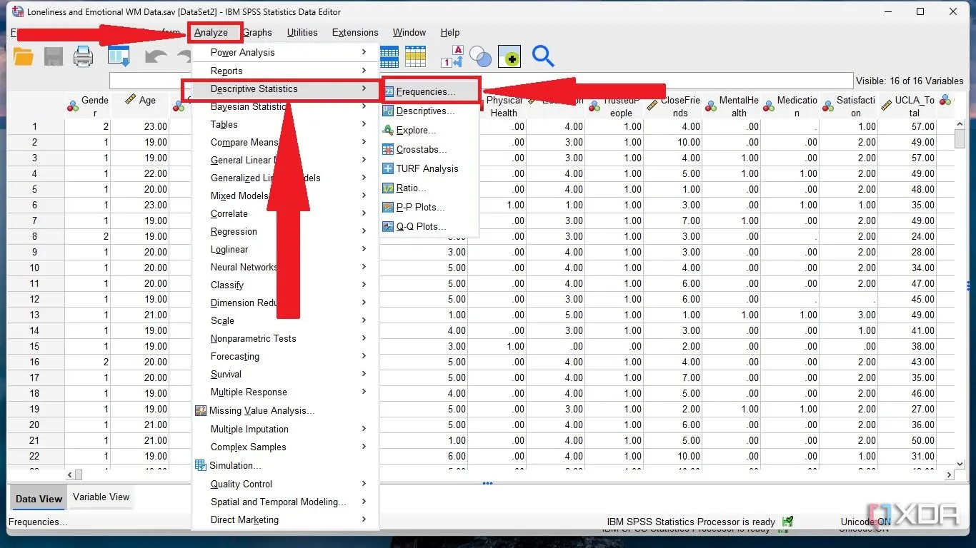 Thực hiện thống kê mô tả: Chọn Analyze -&gt; Descriptive Statistics trong SPSS