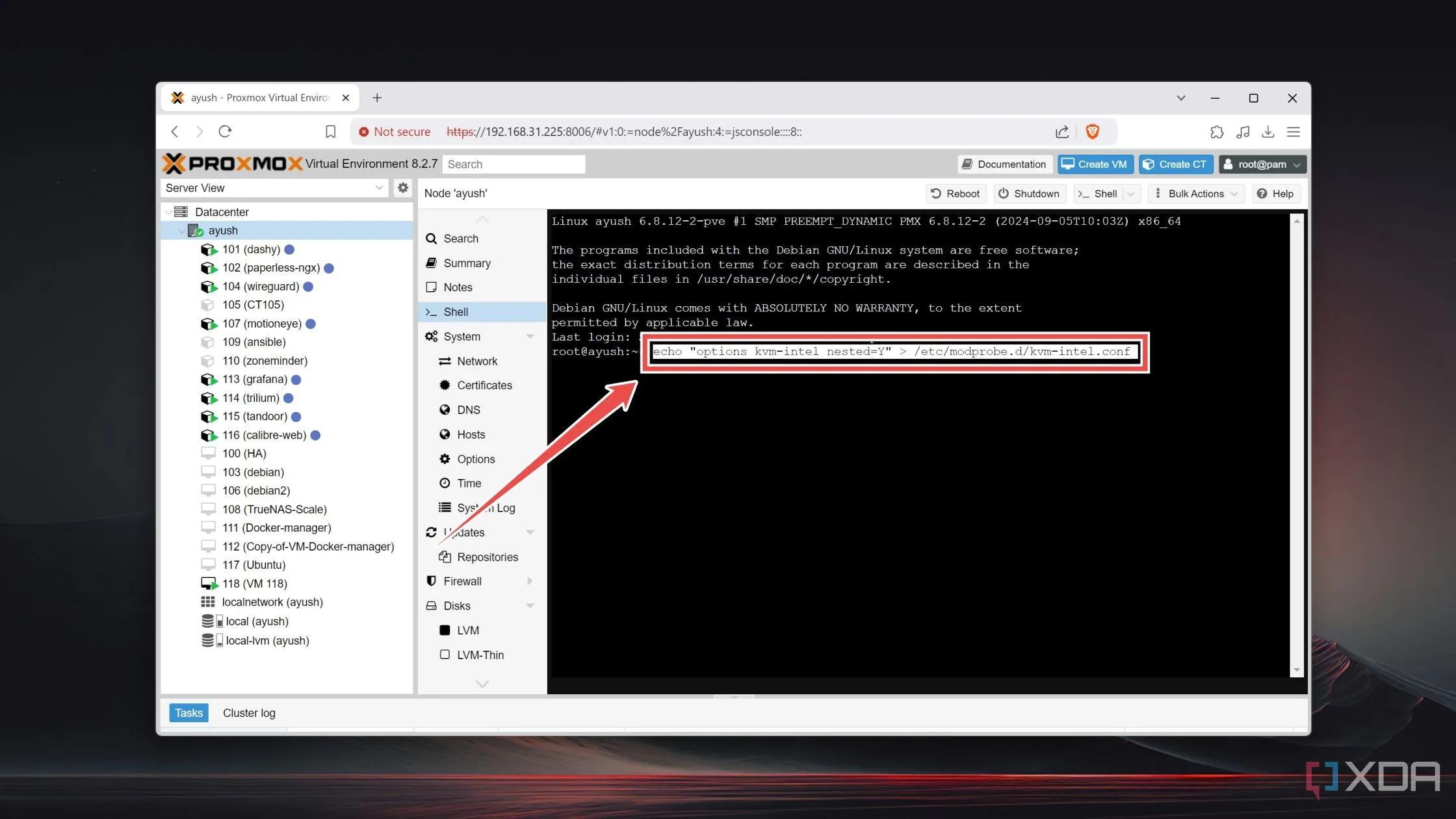 Thực thi lệnh để bật tính năng ảo hóa lồng nhau (Nested Virtualization) trên Proxmox VE
