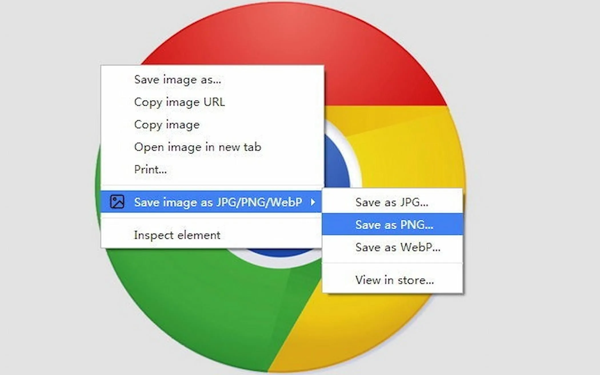 Tiện ích Save image as Type đang hoạt động, hiển thị các tùy chọn định dạng khi lưu ảnh trên trình duyệt Chrome