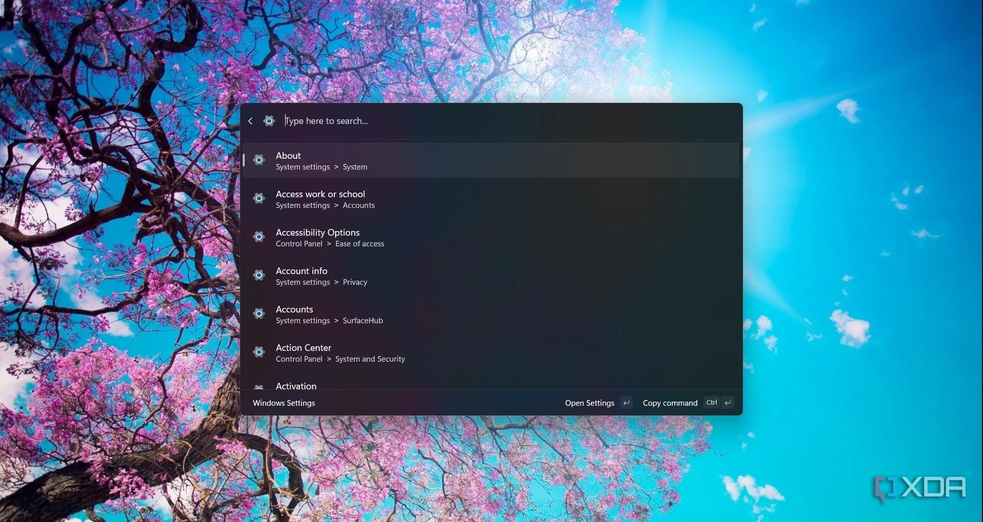 Tìm kiếm cài đặt Windows trong Command Palette của Arc, cho thấy giao diện và chức năng của Arc Browser