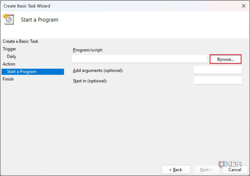 Tìm và chọn chương trình shutdown.exe cho tác vụ