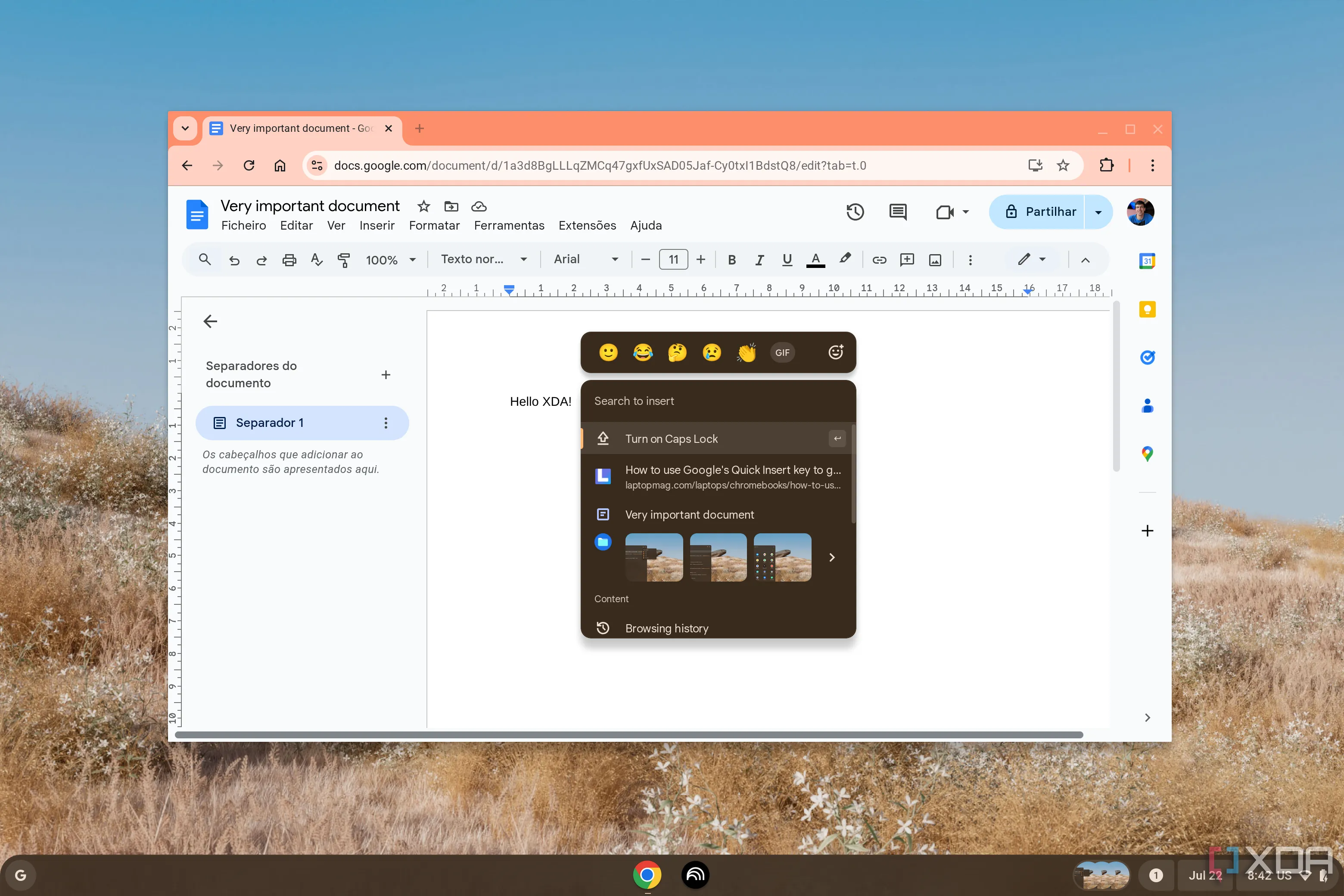 Tính năng Quick Insert của ChromeOS đang hoạt động trên bản nháp Google Doc, gợi ý các nội dung chèn nhanh