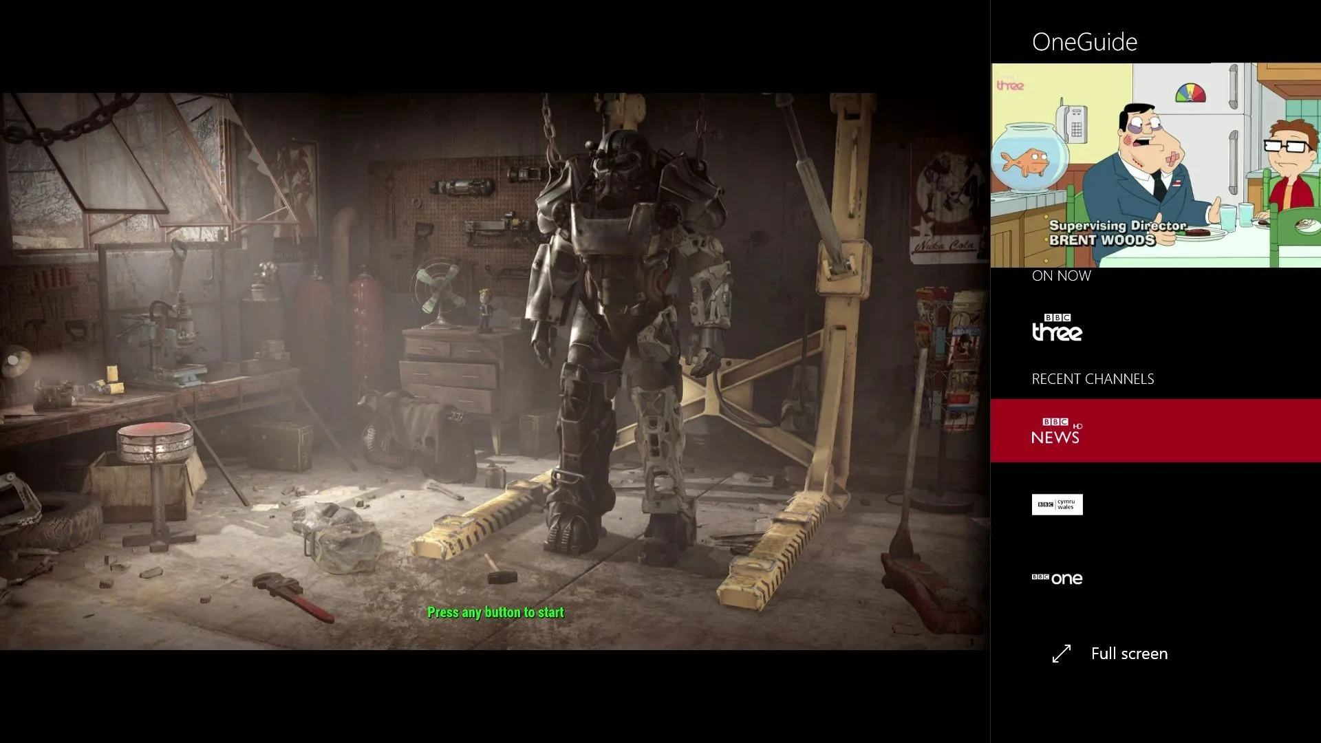 Tính năng Snap trên Xbox One hiển thị game Fallout 4 ở màn hình chính và chương trình American Dad ở cửa sổ nhỏ bên cạnh