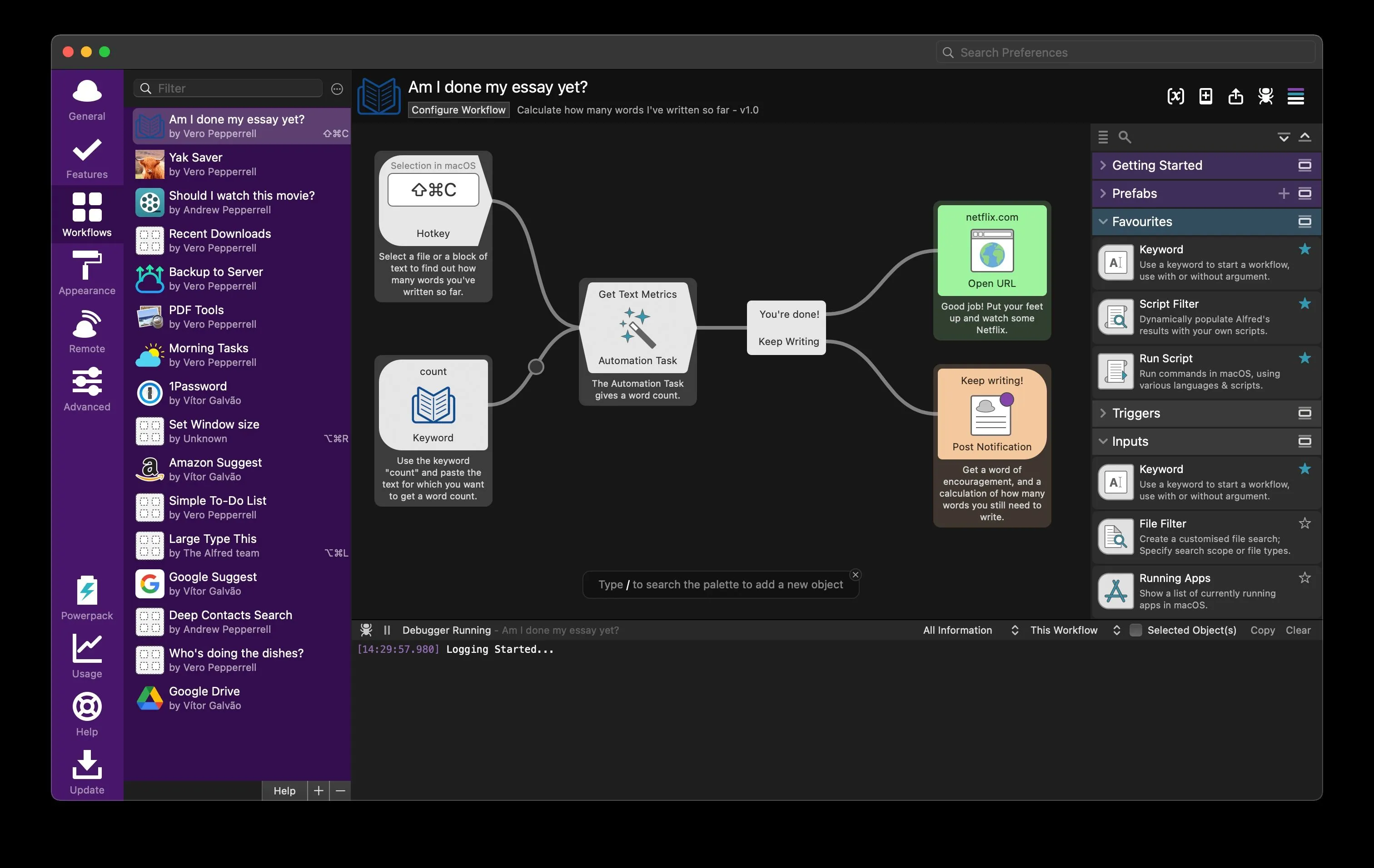 Tính năng Workflows trong ứng dụng Alfred, thể hiện khả năng mở rộng mạnh mẽ