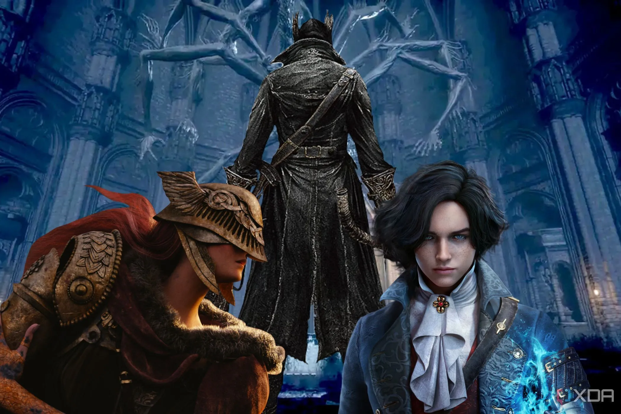 Tổ hợp hình ảnh các nhân vật biểu tượng từ Bloodborne, Pinocchio và Malenia của Elden Ring, minh họa sự đa dạng và chiều sâu trong thiết kế game, đặc biệt là thế giới mở đầy thử thách.