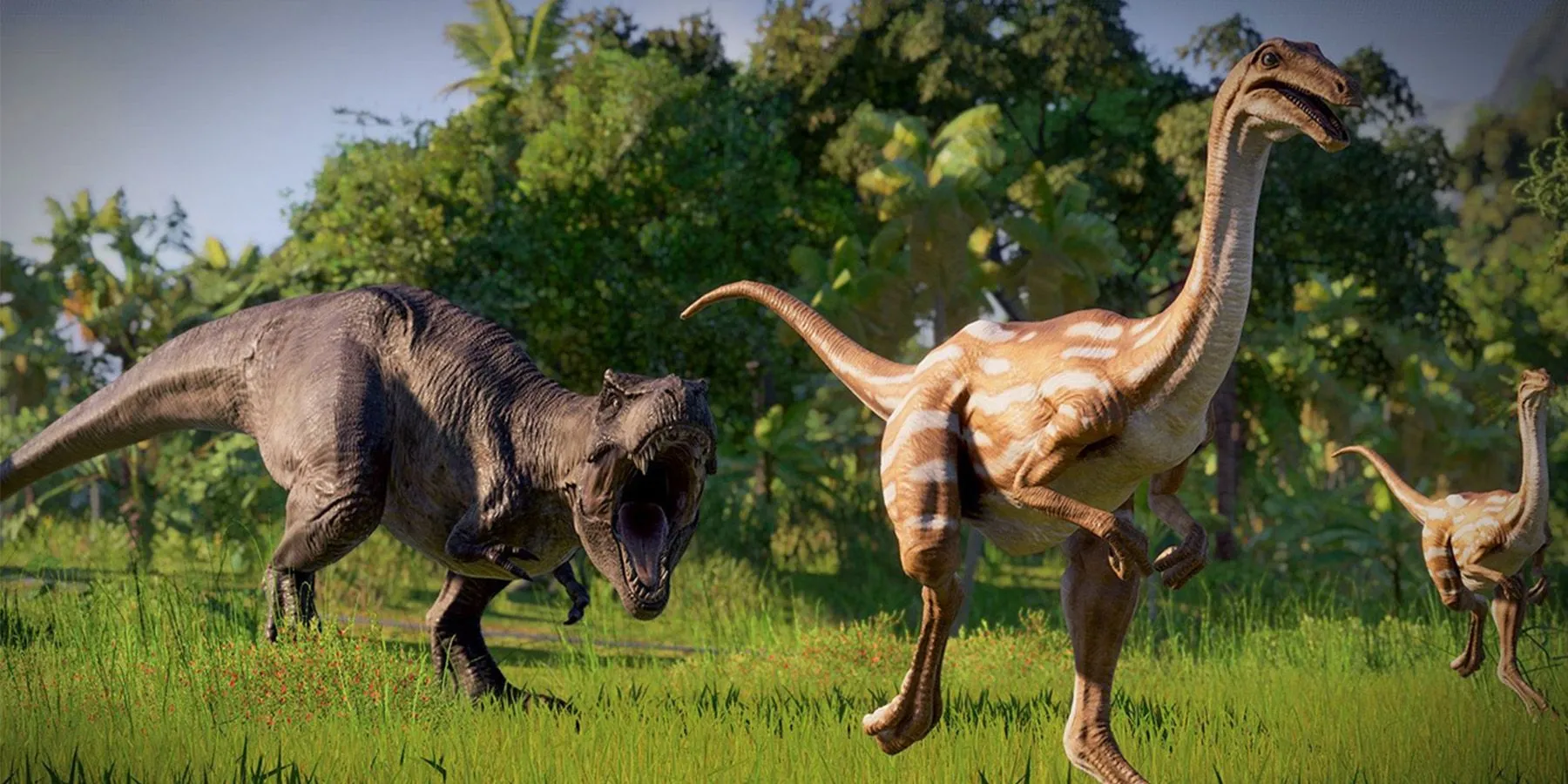 Toàn cảnh một khu vực công viên khủng long yên bình với các loài ăn cỏ và du khách trong Jurassic World Evolution 2