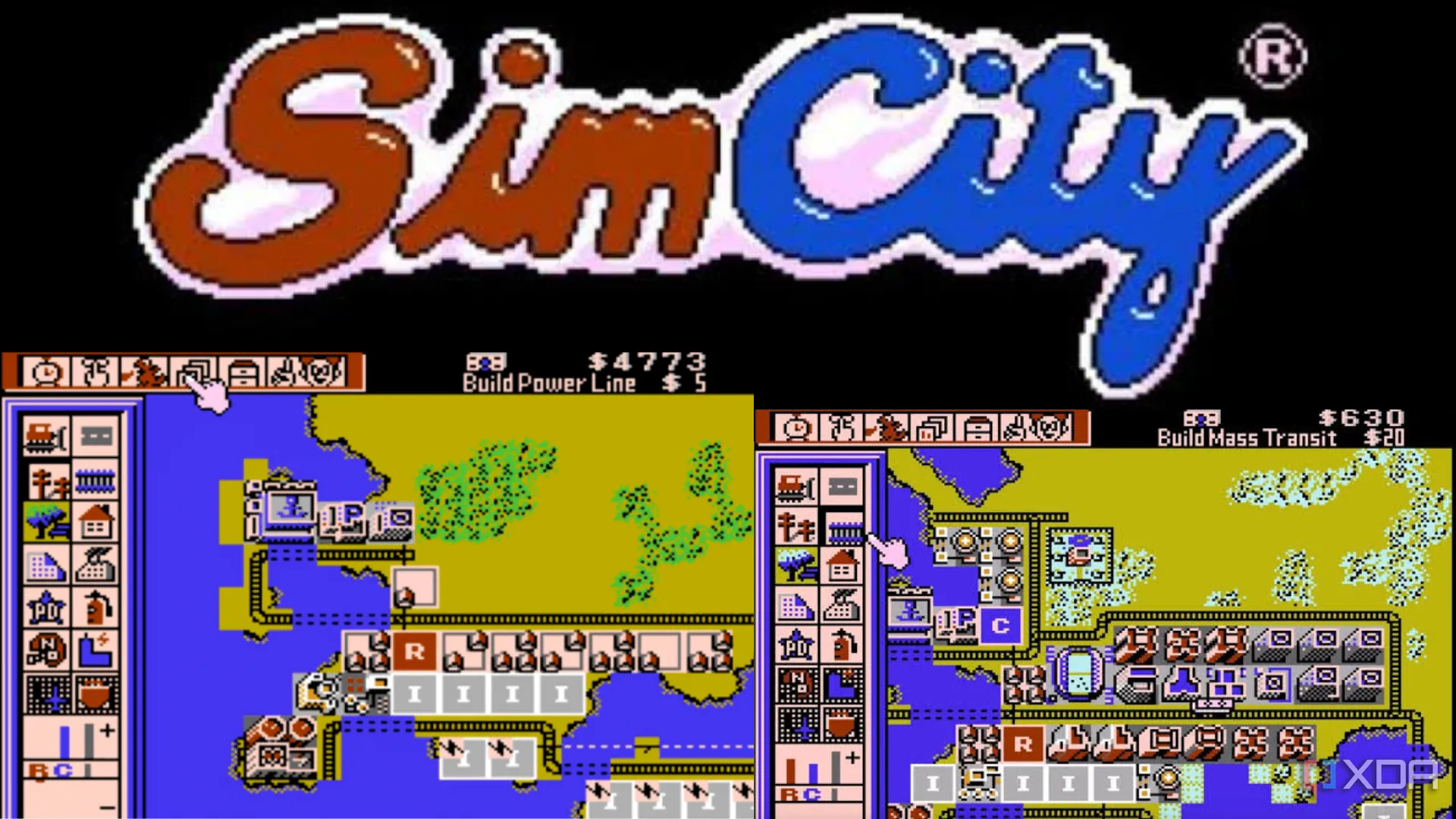 Tổng hợp các màn hình xây dựng thành phố và logo game SimCity trên Super Nintendo, với lối chơi chiến lược đô thị