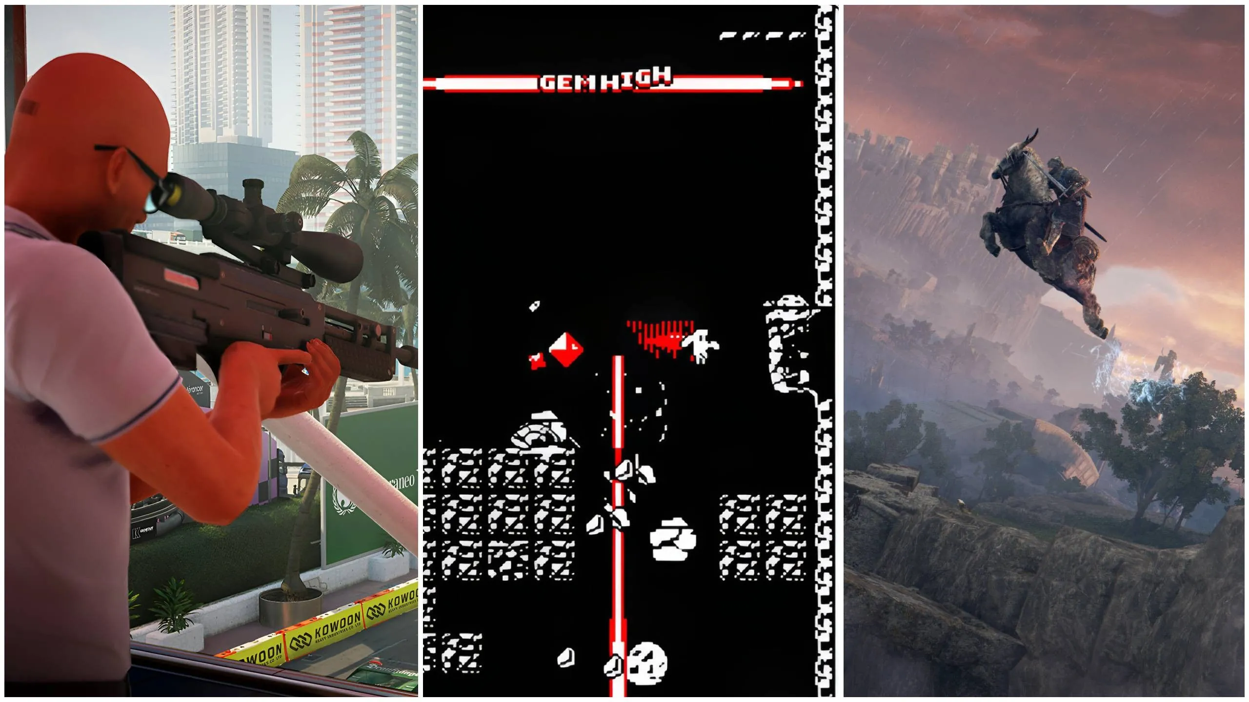 Tổng hợp các nhân vật game huyền thoại như Agent 47, Downwell và Tarnished từ Elden Ring, minh họa các tựa game có tính chơi lại cao