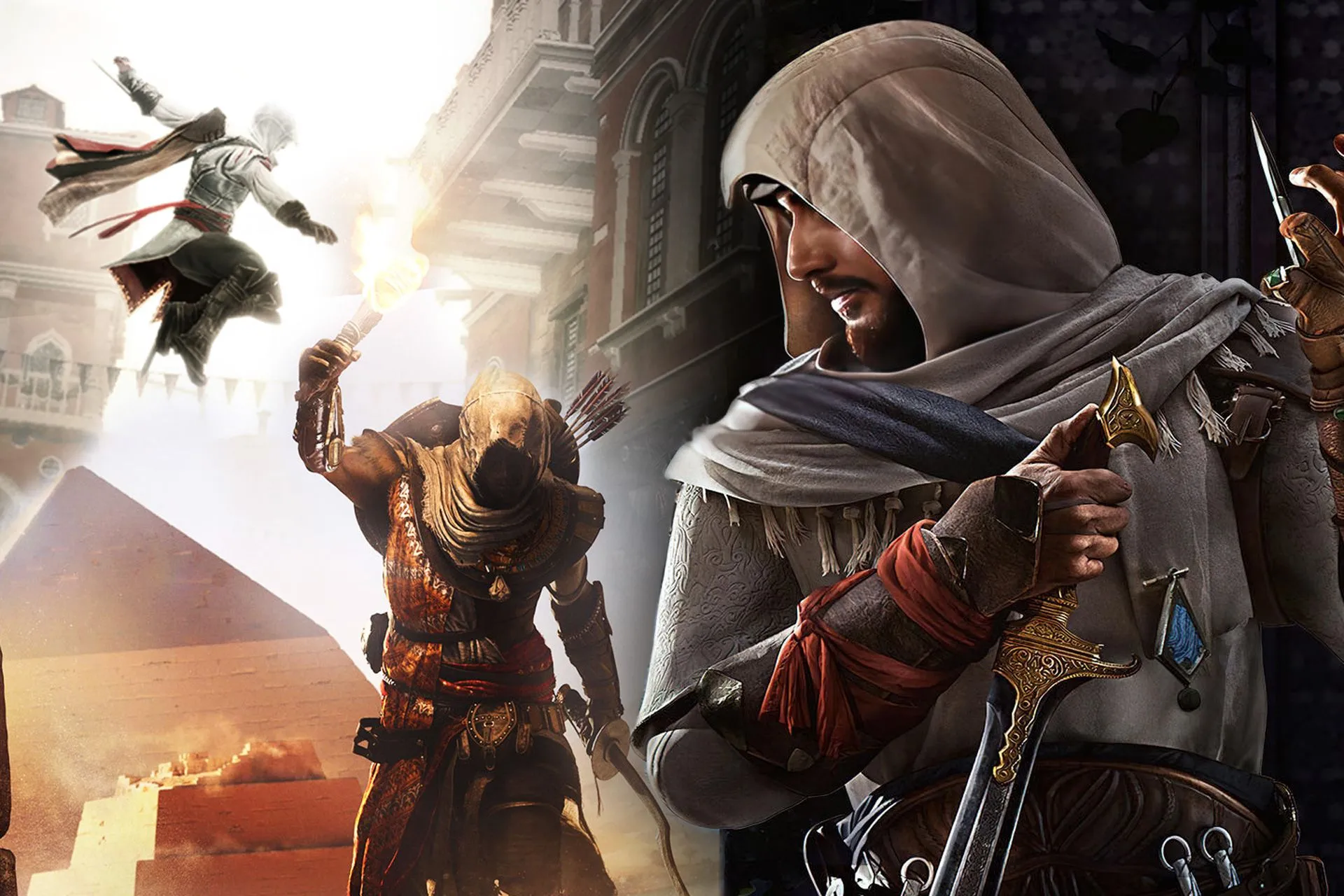Tổng hợp hình ảnh các nhân vật biểu tượng của Assassin's Creed như Ezio, Bayek và Basim, minh họa sự đa dạng và chiều sâu lịch sử mà series đã thể hiện qua nhiều kỷ nguyên.