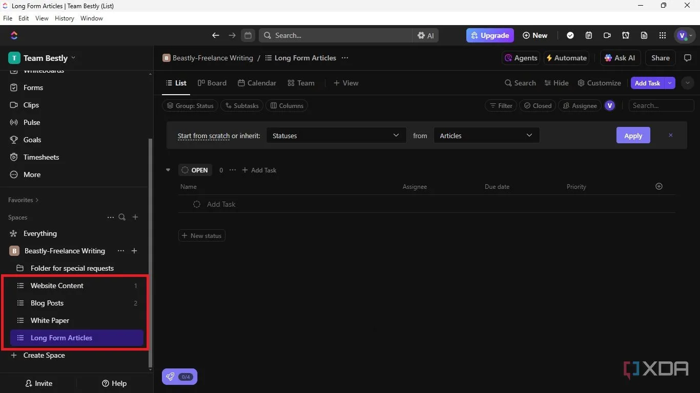 Tổng quan các danh sách (Lists) đã được tạo trong không gian làm việc ClickUp, sẵn sàng để thêm các công việc