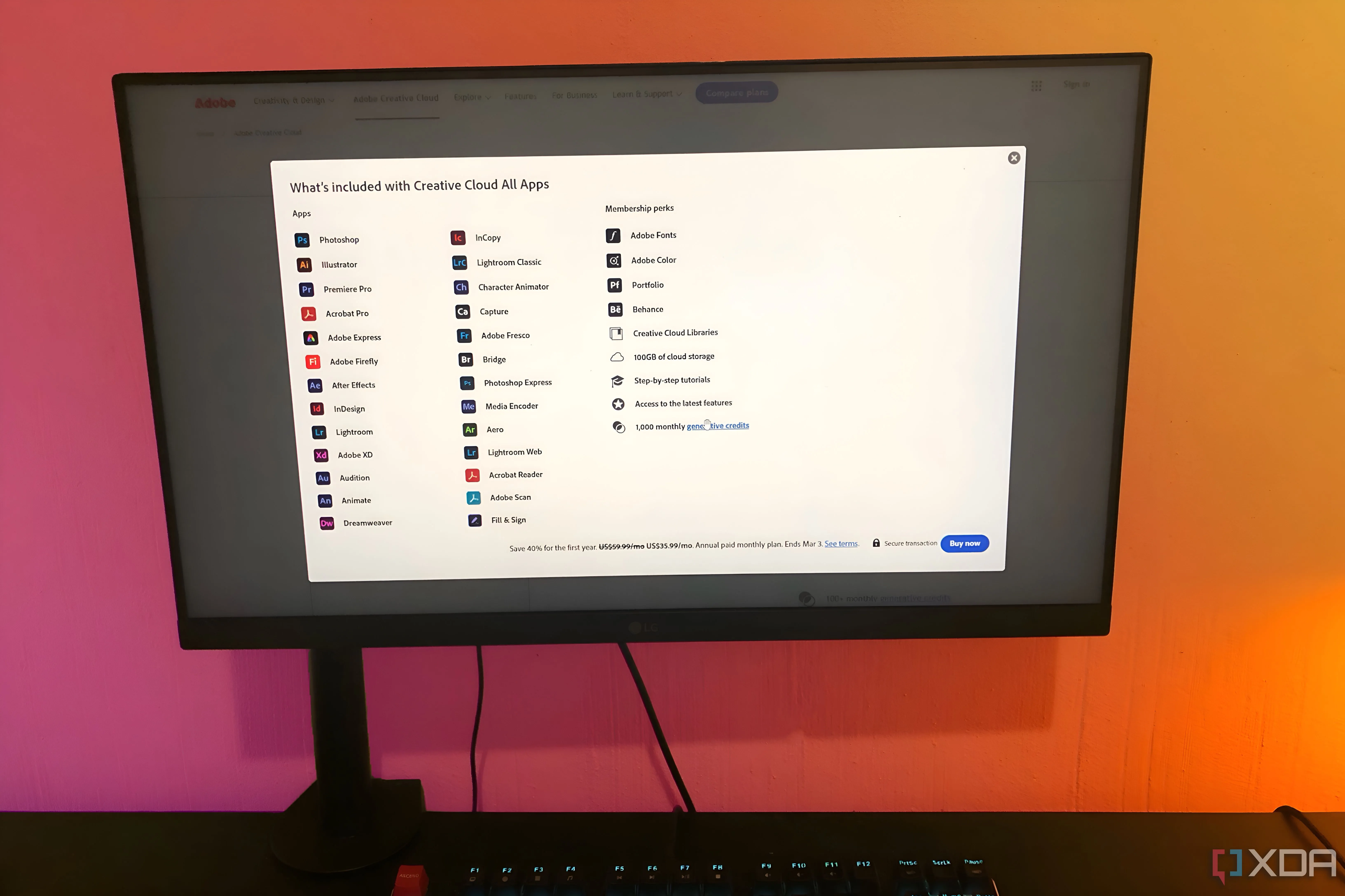 Tổng quan gói đăng ký Adobe All Apps hiển thị trên máy tính để bàn