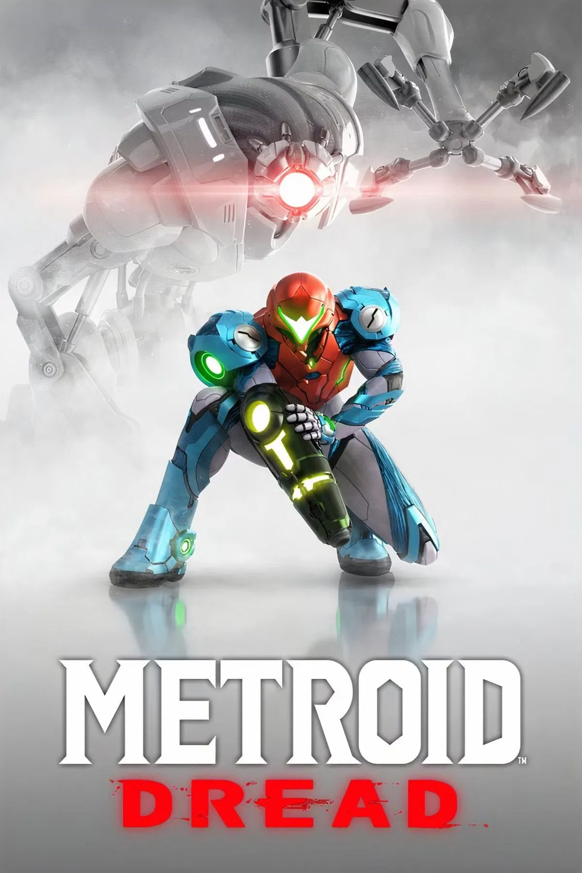 Trang bìa game Metroid Dread Samus Aran trong bộ đồ màu đỏ tím