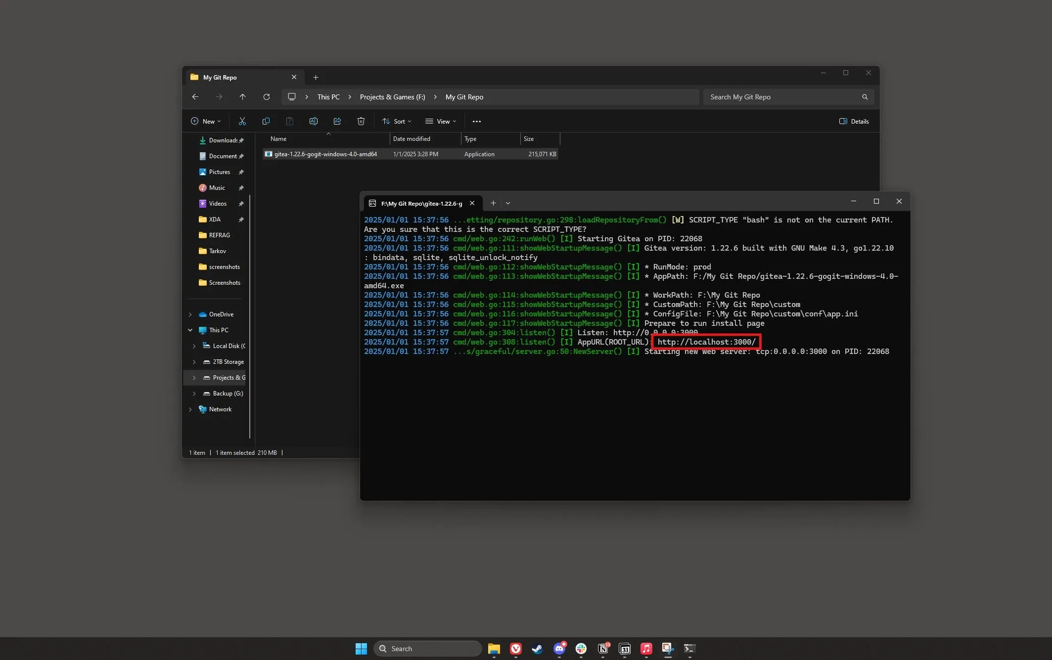 Trang cấu hình ban đầu của Gitea trên trình duyệt với tùy chọn localhost:3000