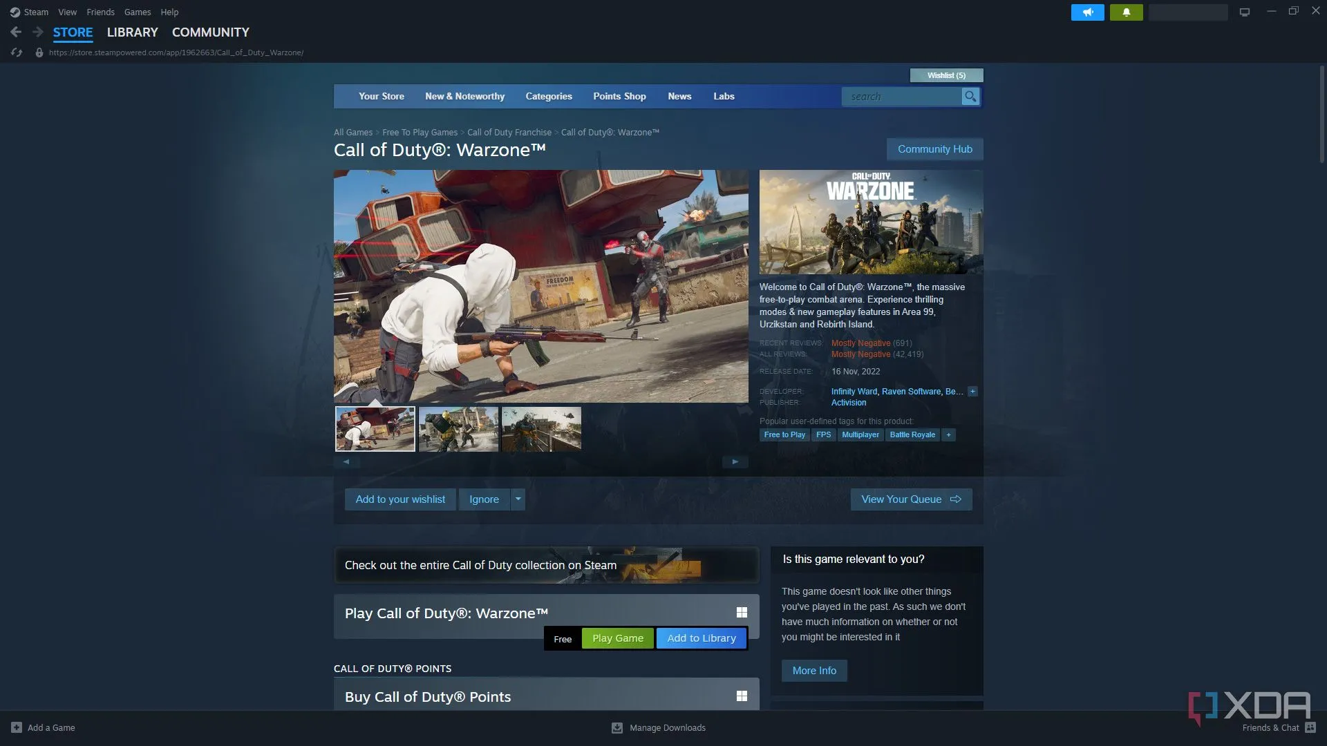 Trang game Call of Duty: Warzone trên Steam, một tựa game AAA dung lượng lớn cần tính năng sao lưu