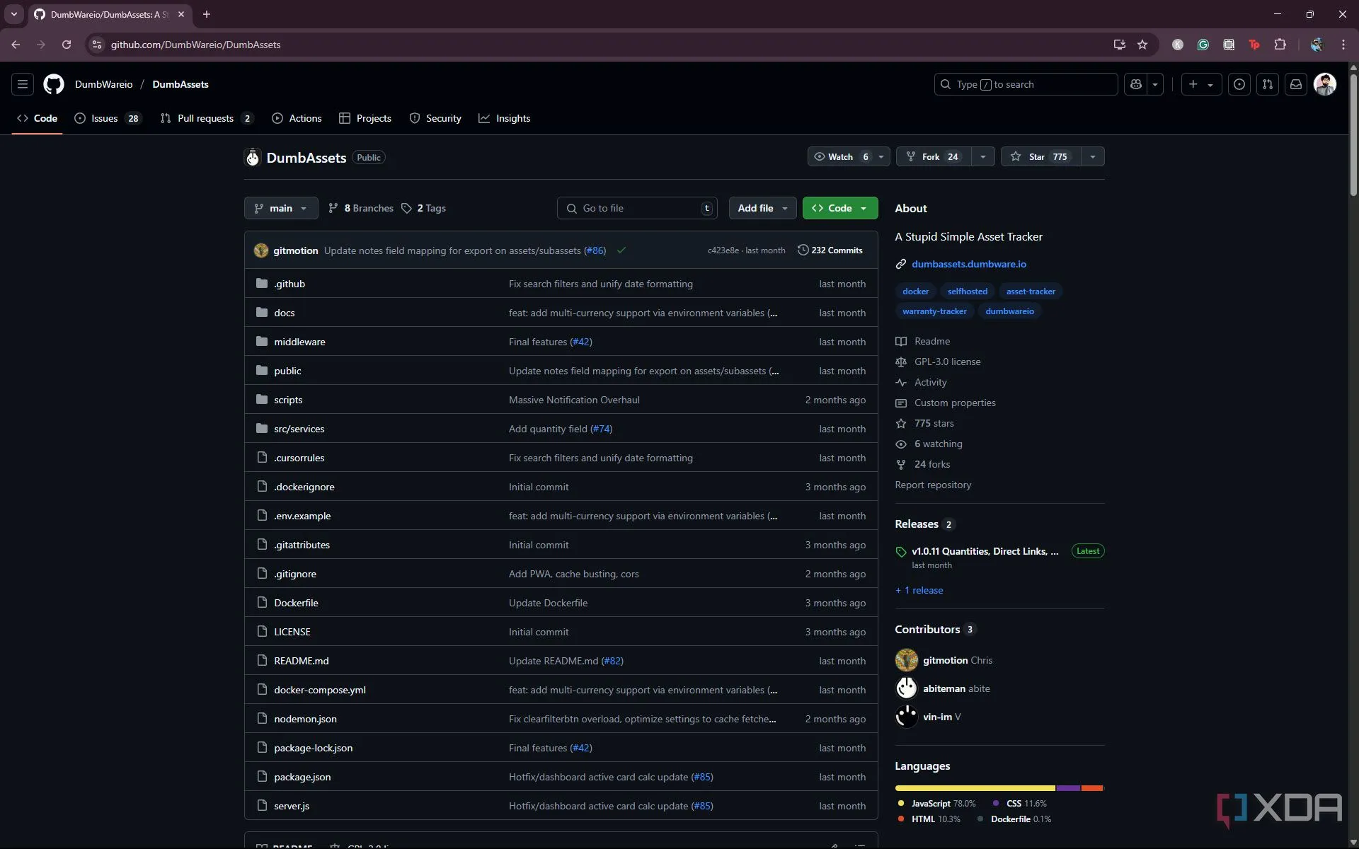 Trang GitHub chính thức của dự án DumbAssets, nơi cung cấp mã nguồn mở và hướng dẫn cài đặt ứng dụng theo dõi tài sản.