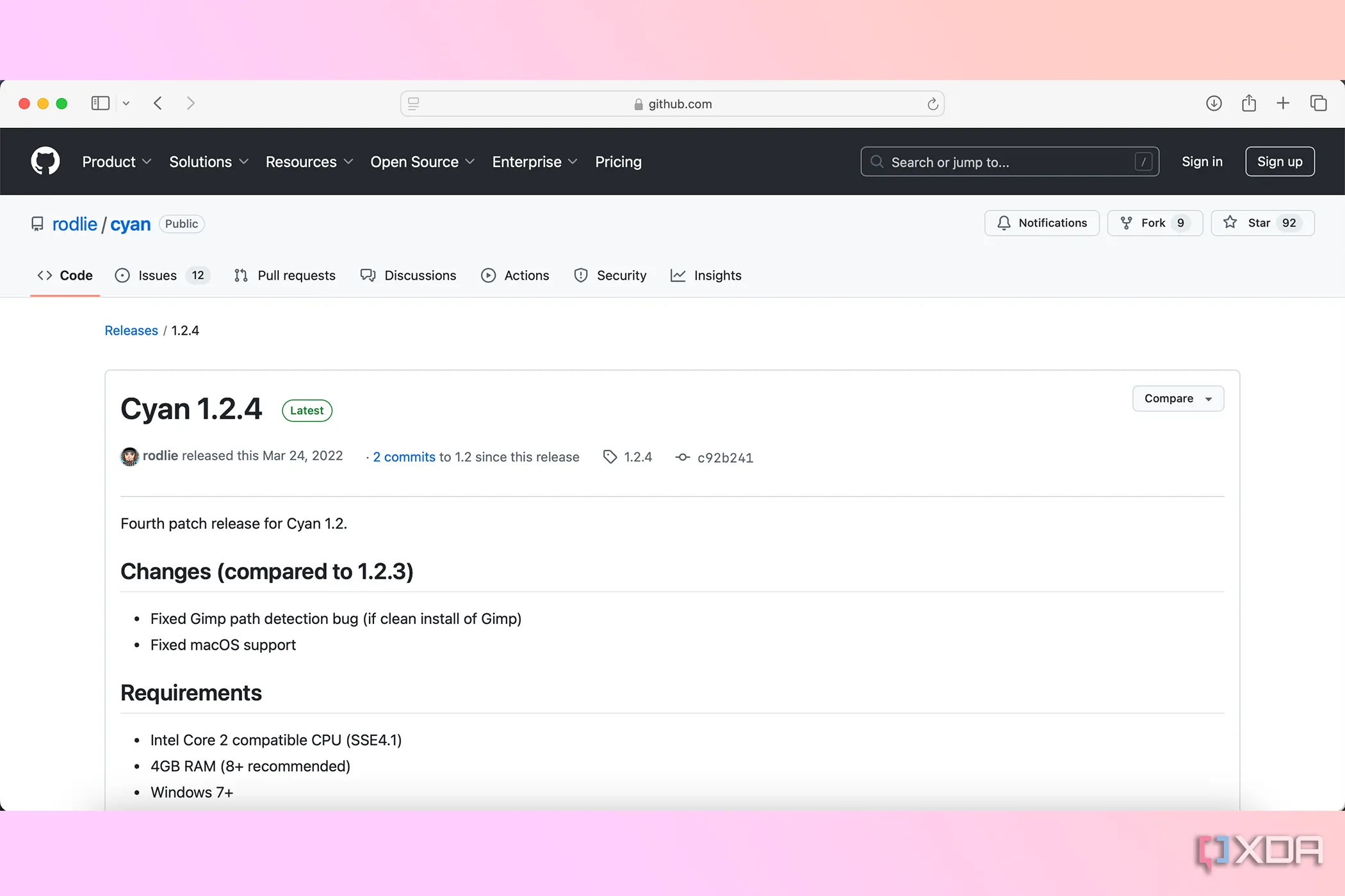 Trang GitHub của plugin Cyan, hiển thị thông tin về chuyển đổi màu CMYK cho GIMP