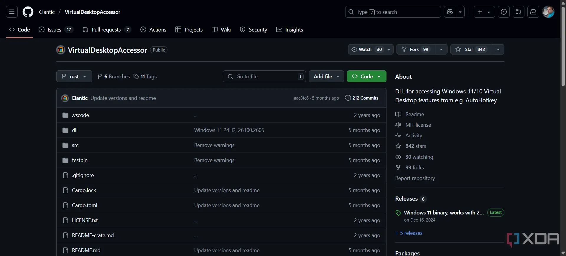Trang GitHub của VirtualDesktopAccessor, một công cụ cải thiện desktop ảo
