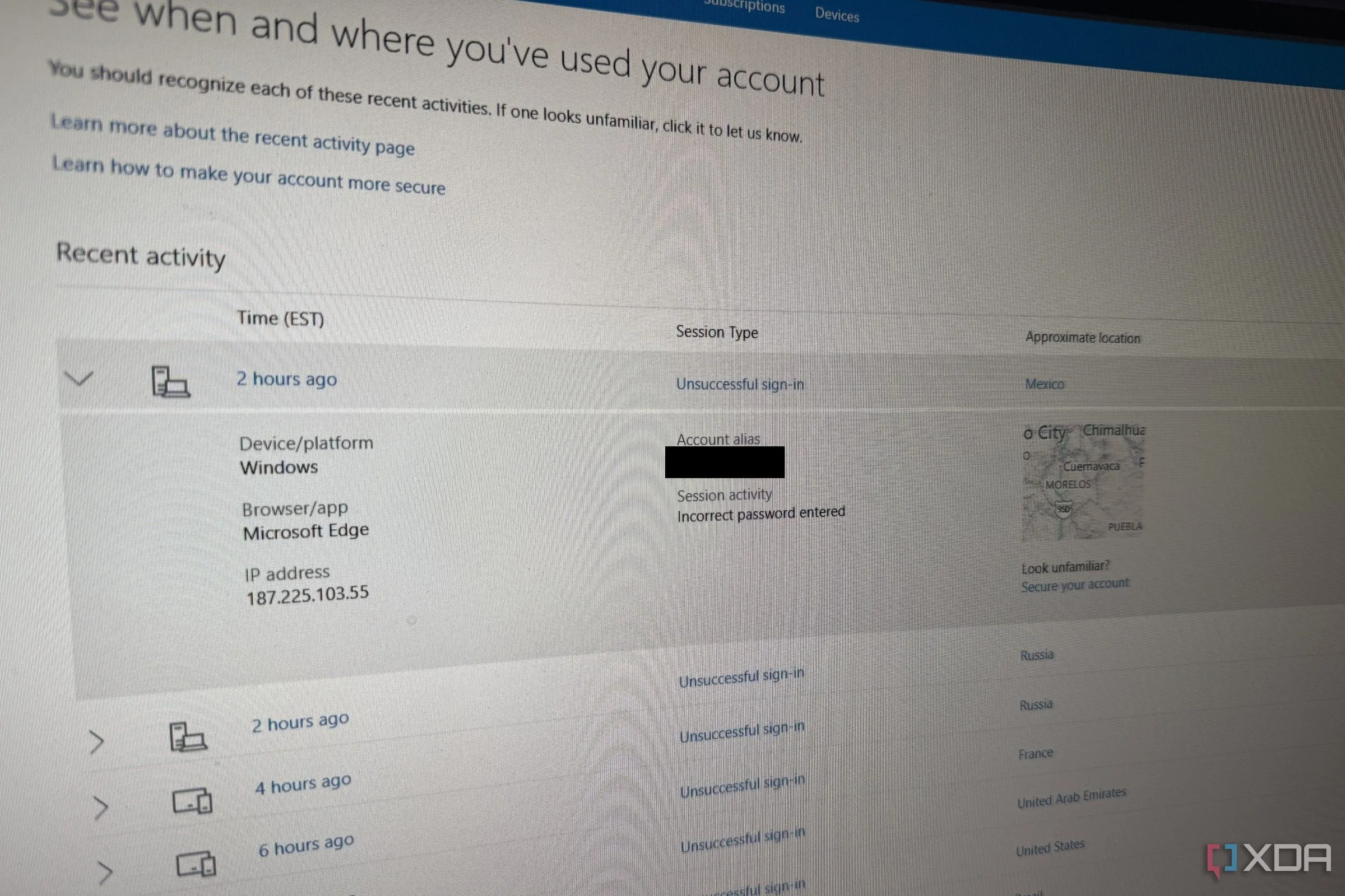 Trang lịch sử đăng nhập tài khoản Microsoft hiển thị các lần đăng nhập thất bại từ những địa điểm lạ.